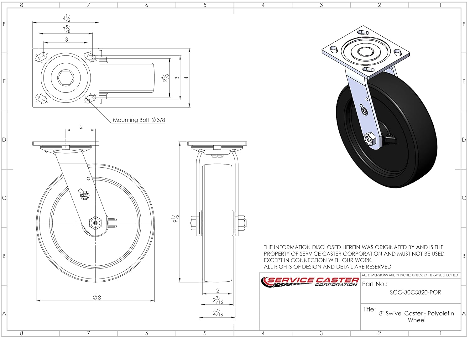 8" Heavy Duty Swivel Caster with Polyolefin Wheel - 900 lbs Capacity - Service Caster Brand