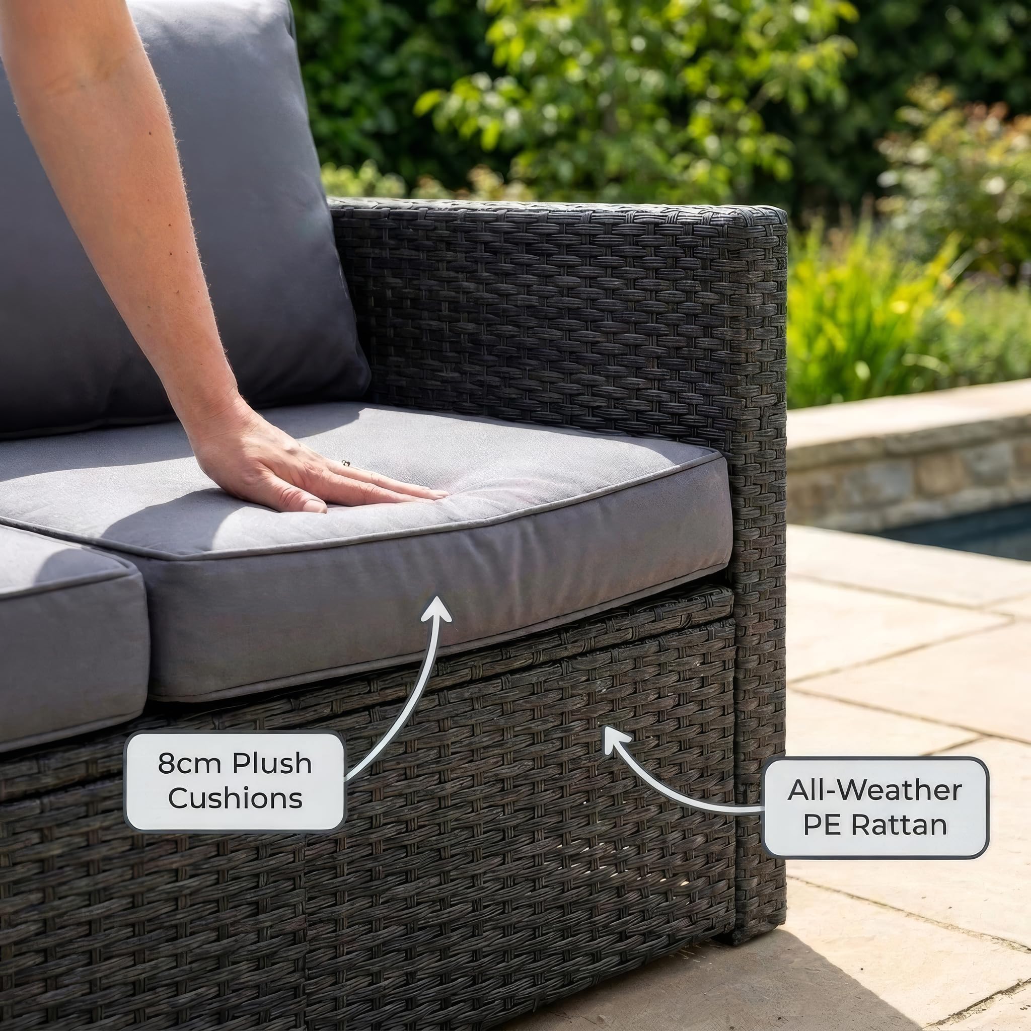 Bravich Ensemble de meubles de jardin en rotin - Canapé d'angle 6 places avec repose-pieds - Ensemble de terrasse en forme de L - Assemblage facile - Avec coussins et housse de pluie - Gris