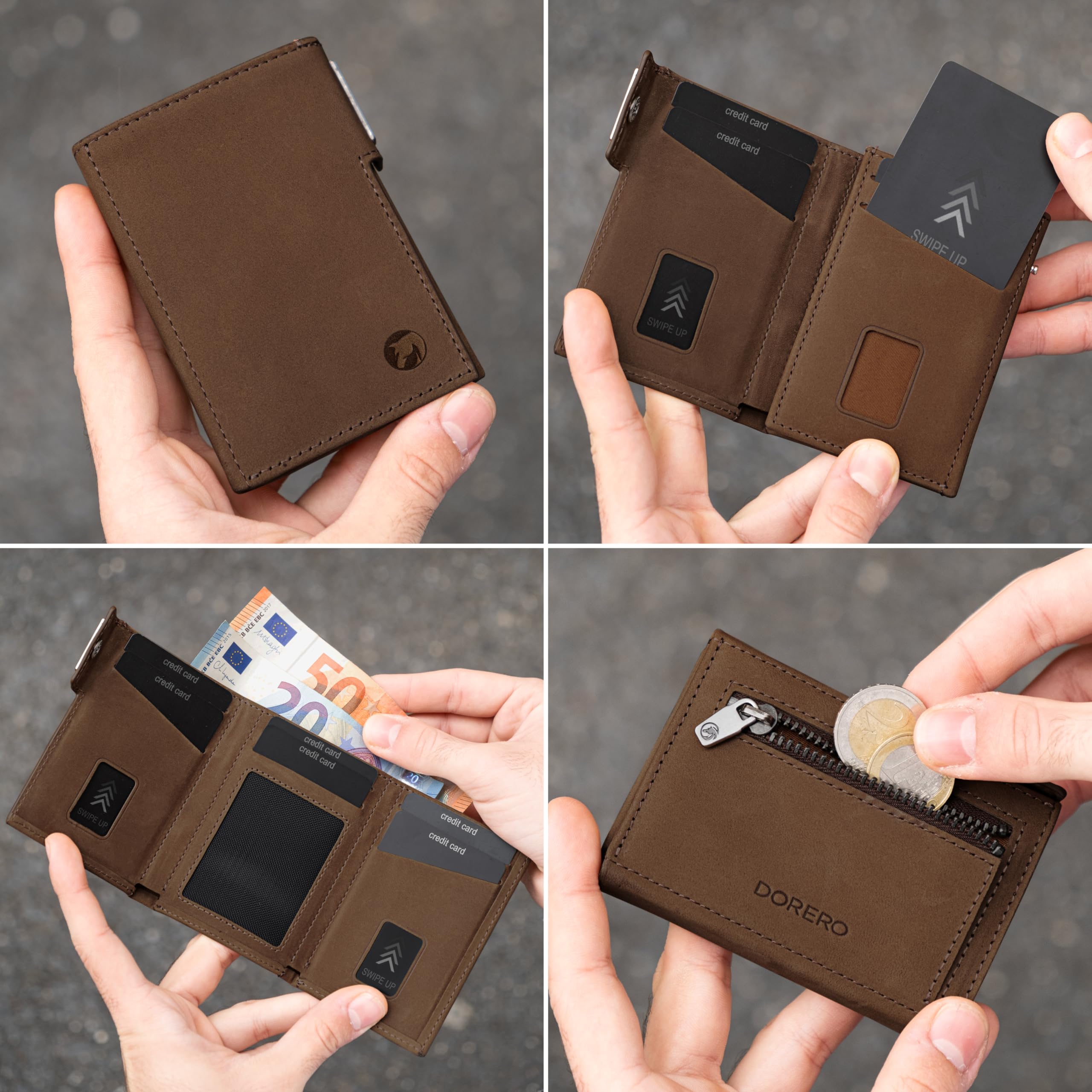 Slim Wallet - Mini Geldbörse Herren & Damen klein - RFID Schutz - Herren Geldbeutel mit Münzfach Portemonnaie - Kreditkartenetui für bis zu 11 Karten (Vintage Braun)
