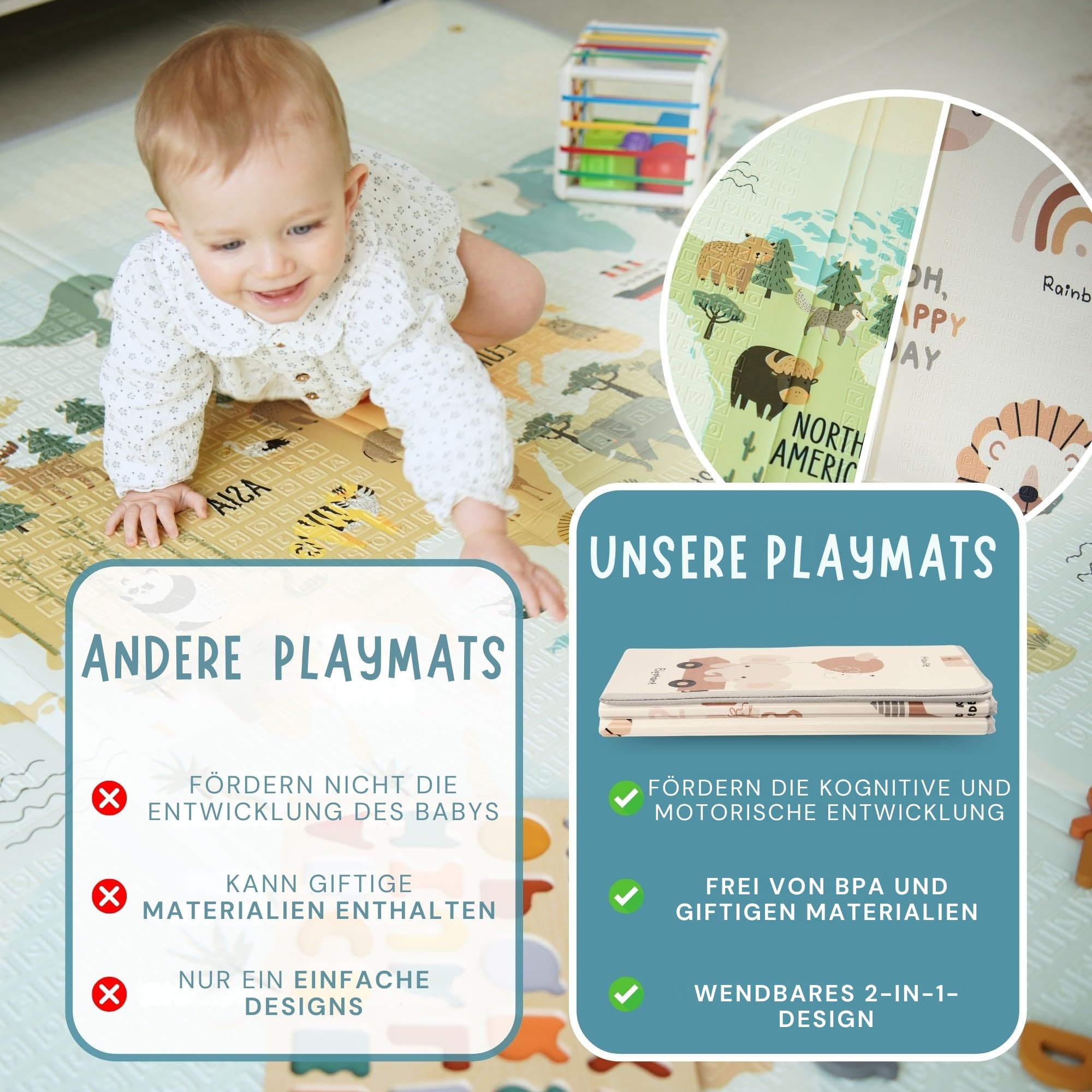 HuBorns - Spielmatte Baby Faltbar 200x180 cm und Wendbar, Krabbelmatte Baby Schadstofffrei mit CE Zertifikat, Play Mat XXL Gepolstert, Spielmatte Rutschfest und Wasserdicht (Weltkarte)