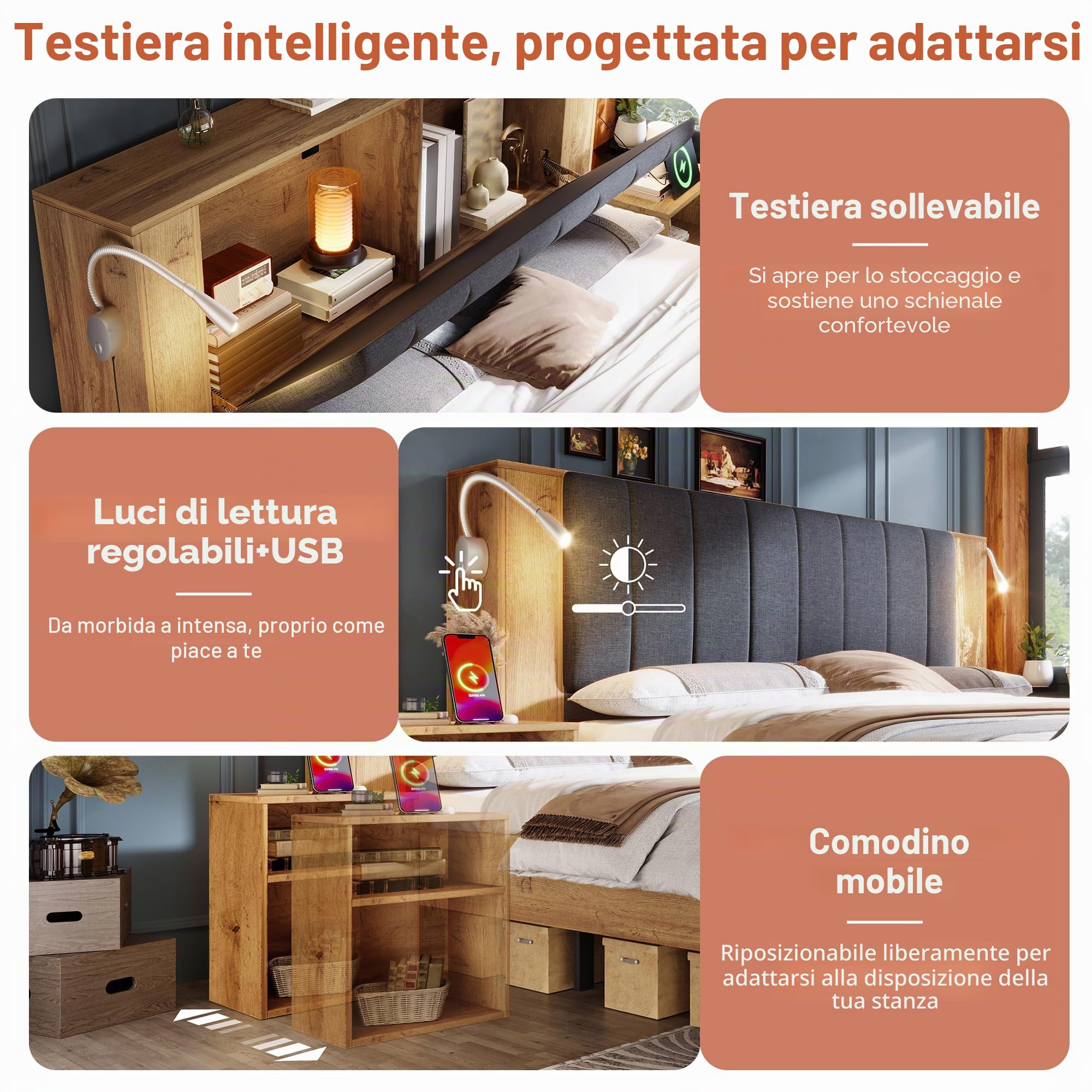 Letto matrimoniale 160x200 con testiera ribaltabile rivestita in tessuto di lino, Letto Industrial con 2 comodini e panca con contenitore, lampade da lettura con USB, Legno Rovere (Senza Materasso)