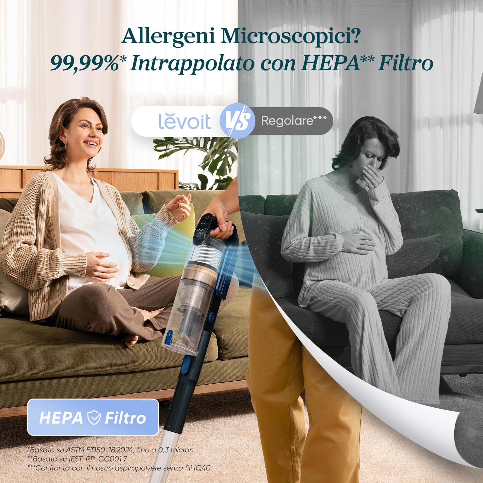 Levoit Aspirapolvere Senza Fili Potente con Mini Turbo Spazzola e Antigroviglio, 99,99% Filtrazione con HEPA, Scopa Elettrica Senza Fili con Schermo LED, Fino a 60min, per Pavimenti, Peli di Animali