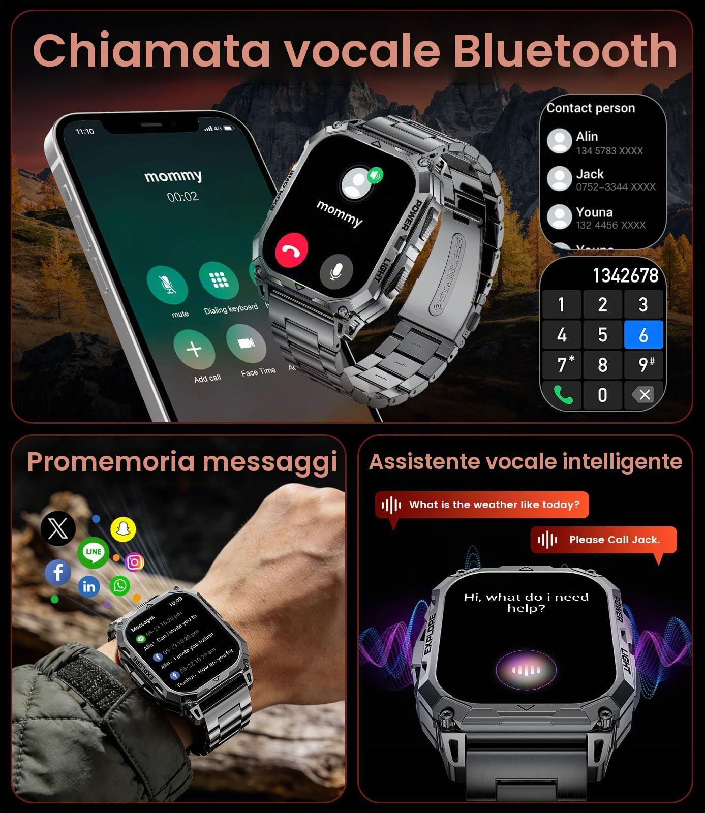 Smartwatch Uomo con Torcia, 2.01" Orologio Smart Watch con Chiamata Bluetooth, Militare Orologio Fitness con 110+ Modalità Sportive, Frequenza Cardiaca/Sonno/IP68 per Android iOS, Nero-arancione