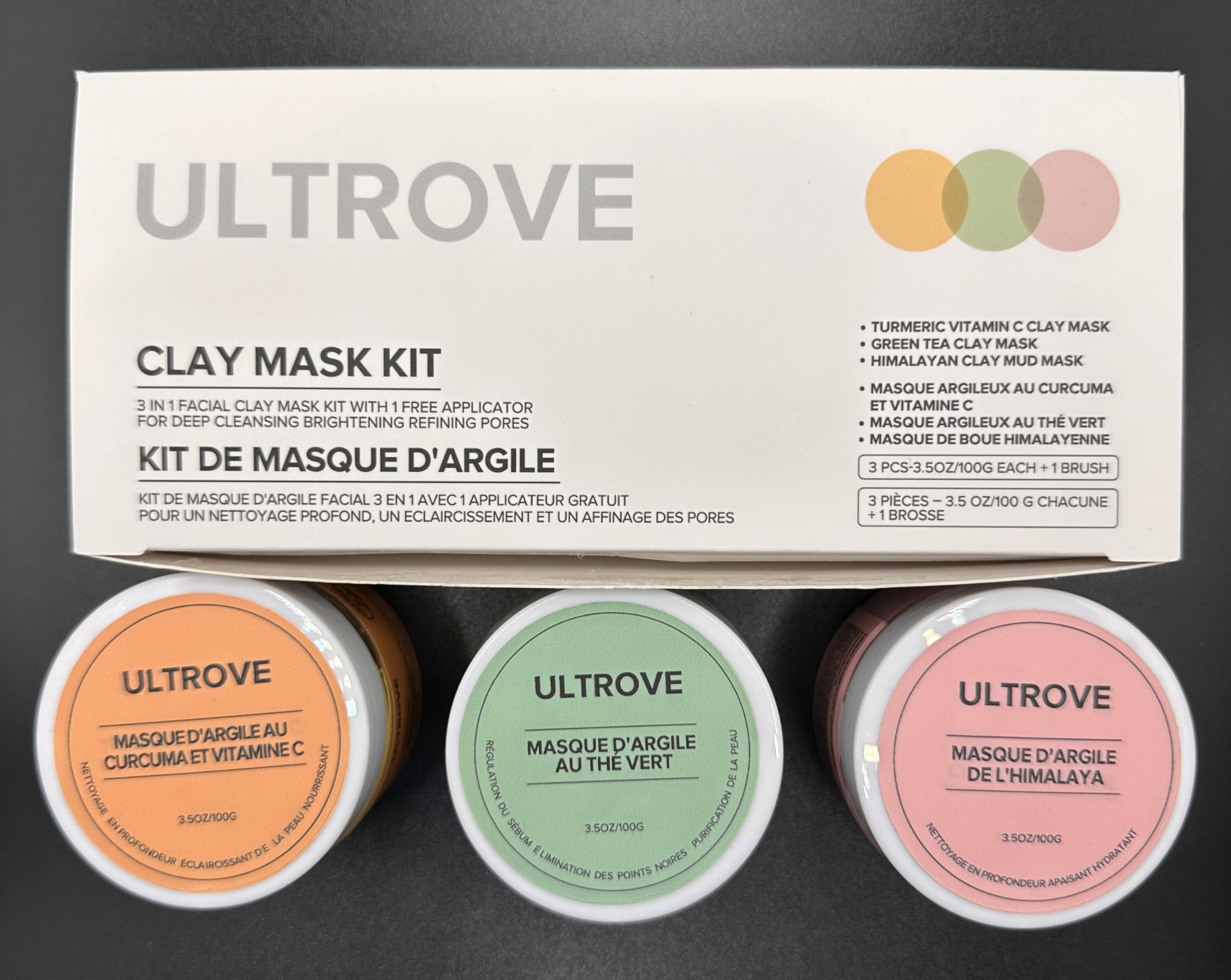Ultrove 3-in-1 Clay Mask Set for Face | Green Tea, Turmeric Vitamin C & Himalayan Pink Clay | Deep Cleansing, Pore Refining, Moisturizing Facial Mask