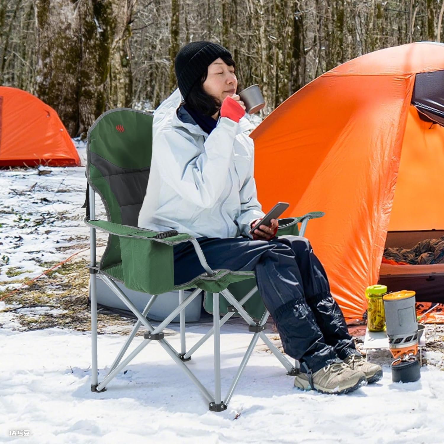 CDEN Heated Camping Chair, Heated Chair with Battery, Portable Lawn Chairs, Outdoor Chairs, with Armrest, Cooler Bag, Cup Holder, Power Bank Included, for Camping, Traveling, Picnic (Green, 1 Pack)