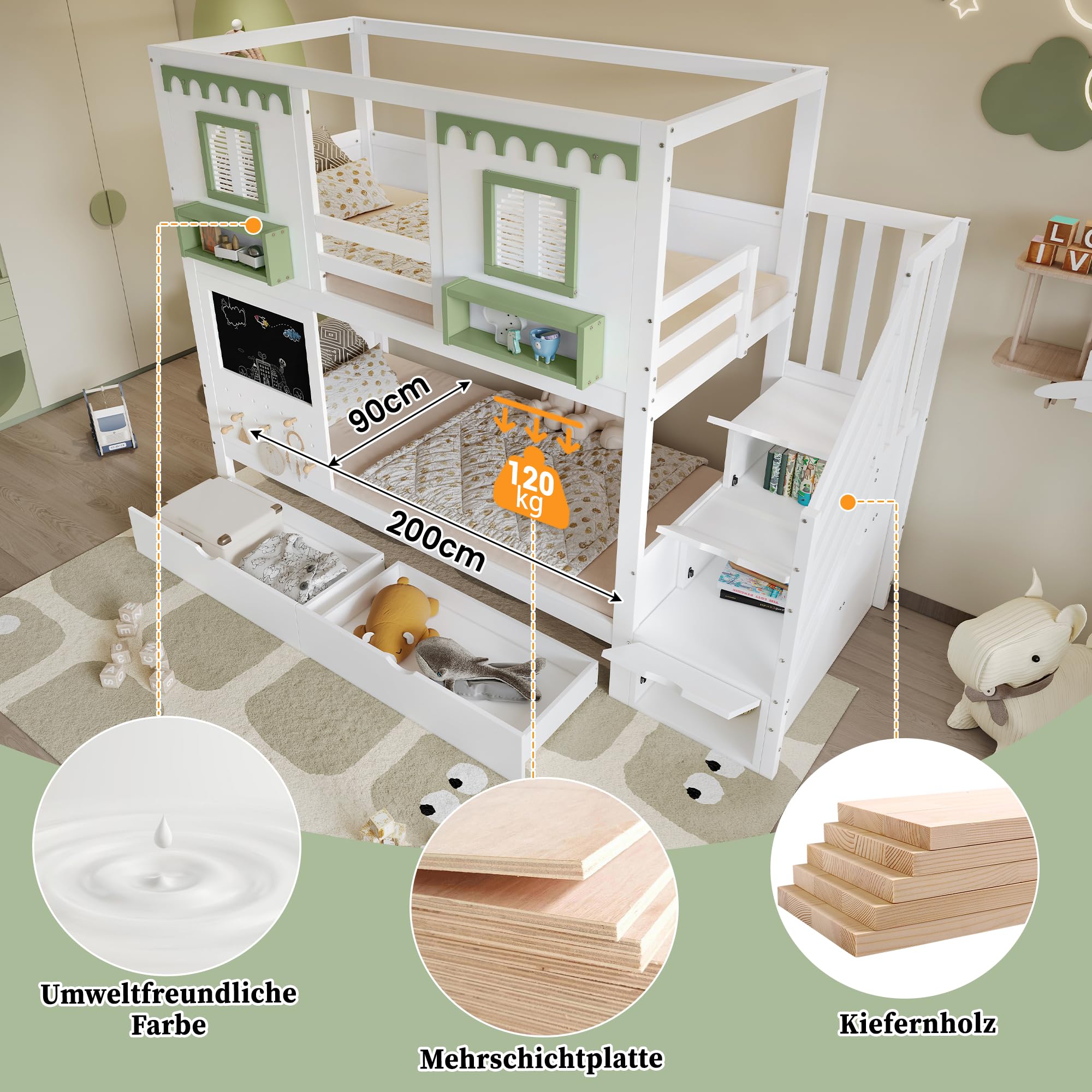Letto a Castello per Bambini 90x200cm con 2 Cassetti e Scala Portaoggetti, piccola Area Forata + 5 Ganci in legno, Letto a Soppalco, Strutture letto di Pino, Bianco + Verde(Senza Materasso)