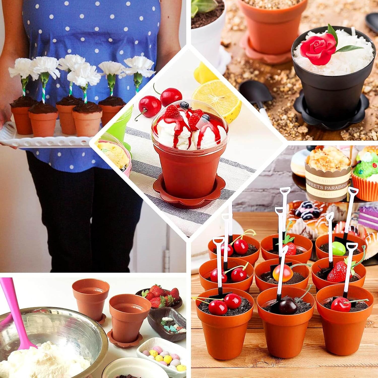 Efavormart 12 Pack Black Flower Pot Dessert Cups with Lids and Spoons - Creative 3D Potted Plant Yogurt and Tiramisu Containers for Garden Events