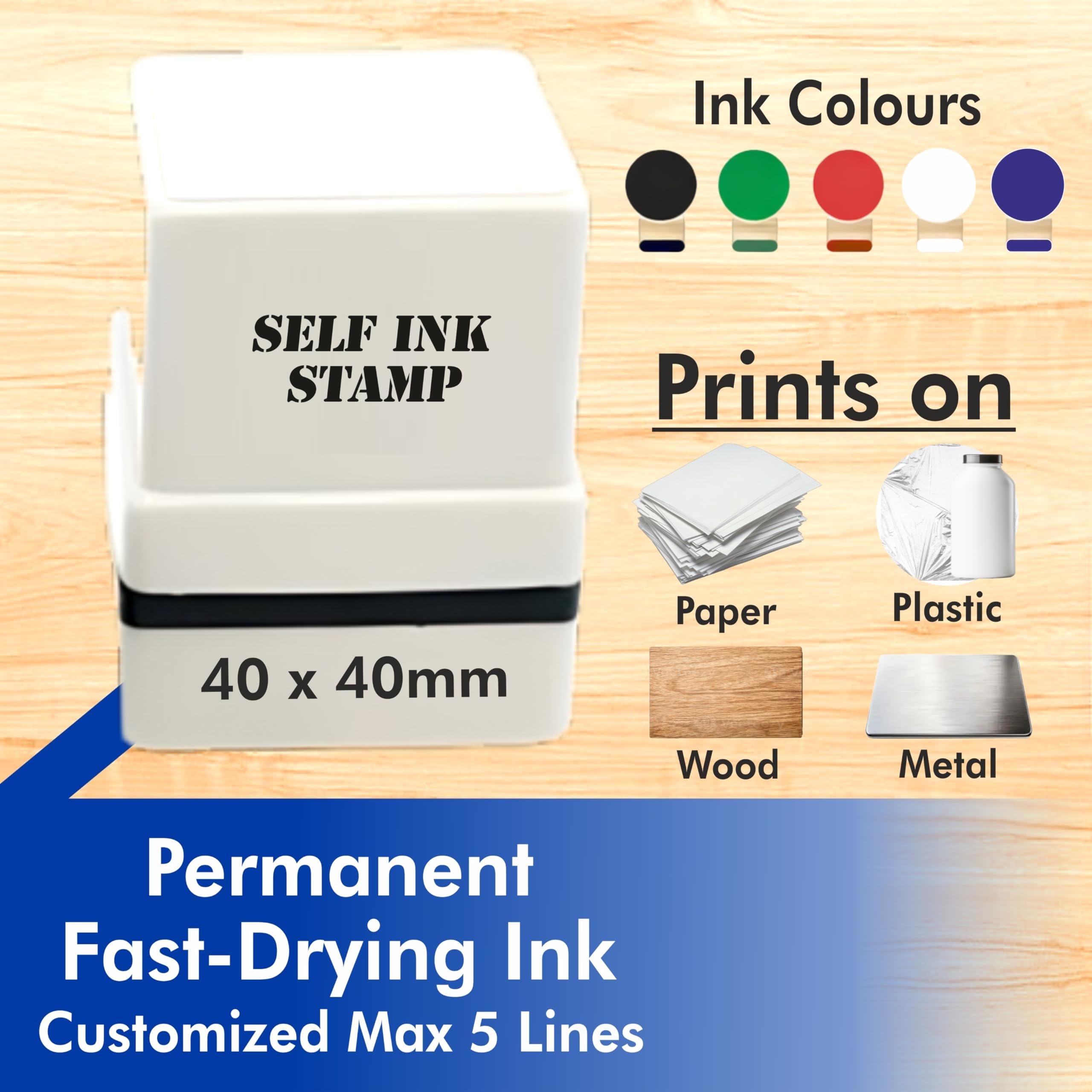Permanent Ink Round Seal Self-Inking Rubber Stamp 40mm | Customizable & Refillable | Fast-Dry Ink | Black, Green, Red, Blue & White | Prints on Paper, Plastic, Metal & Wood | Office & Business Use