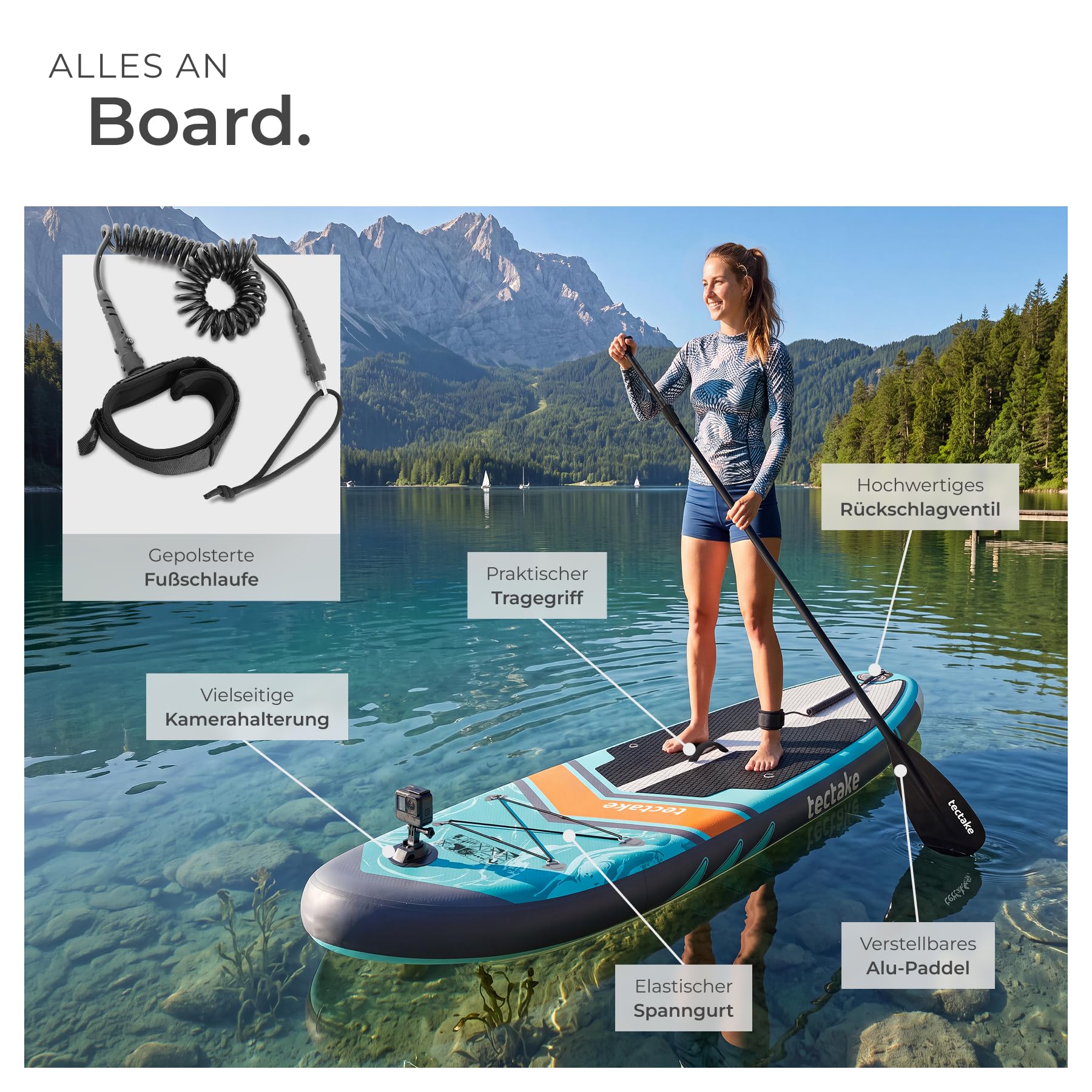 tectake® Stand Up Paddle Board, aufblasbar, Kajaksitz, mit Kamerahalterung