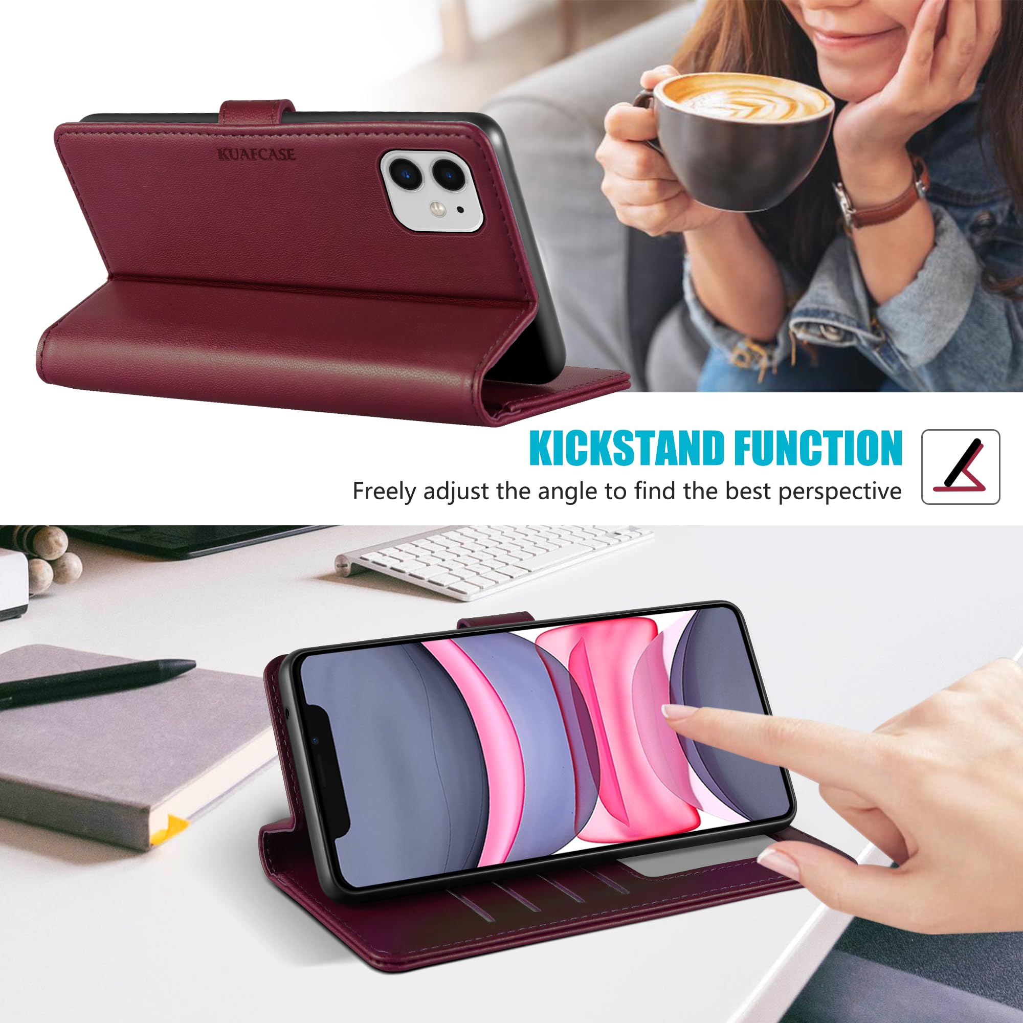 Kuafcase Compatible for iPhone 11 Case with 4 Card Slots Magnetic Closure Kickstand Shockproof Protective Phone Case Compatible for iPhone 11 - Image 4