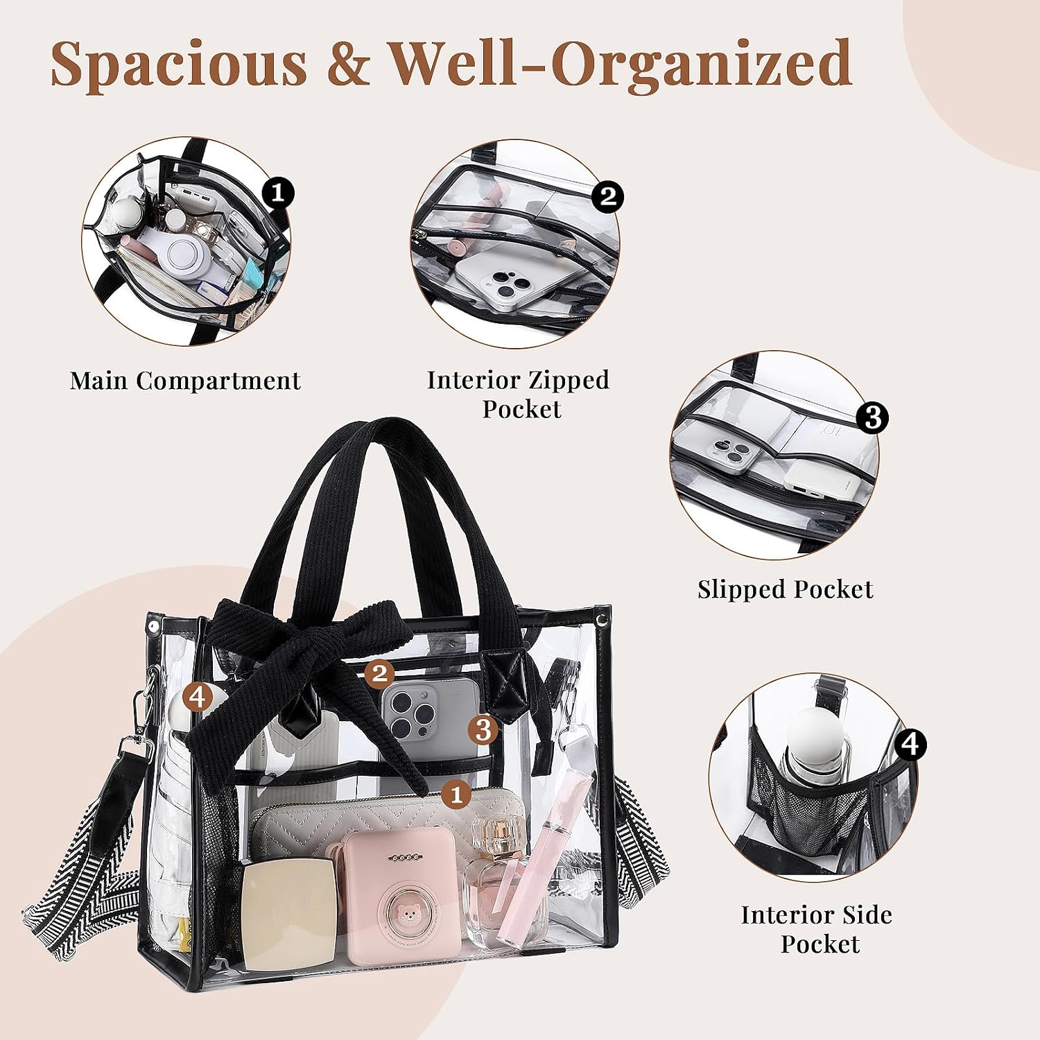 Clear Tote Bags for Women, Clear Purse for Stadium Events with Corduroy Handle