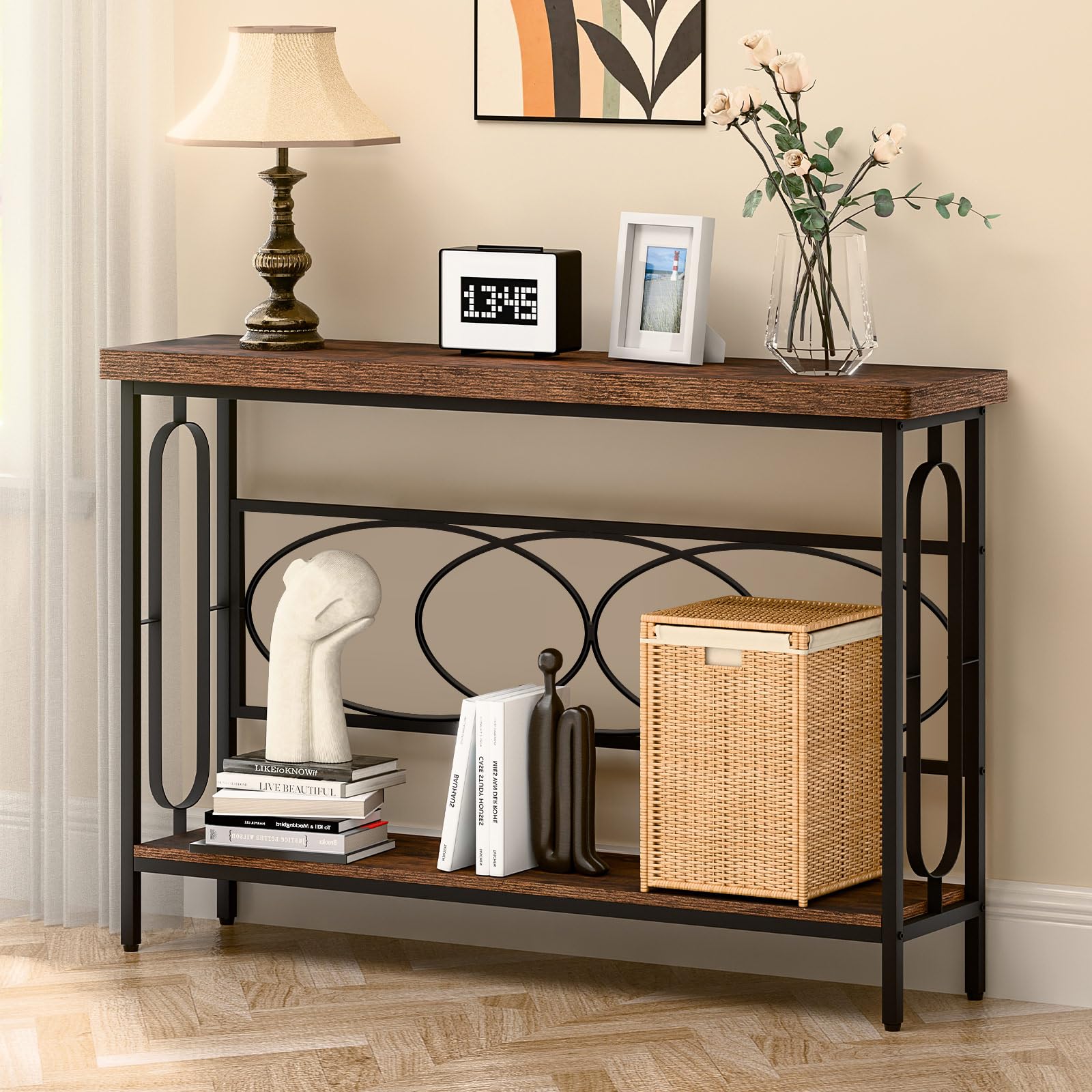 Industrial Console Table for Entryway, Rustic Console Table Behind Couch, 2 Tier Sofa Tables for Home Living Room, Hallway, Entrance, with Metal Frame(48 inches)