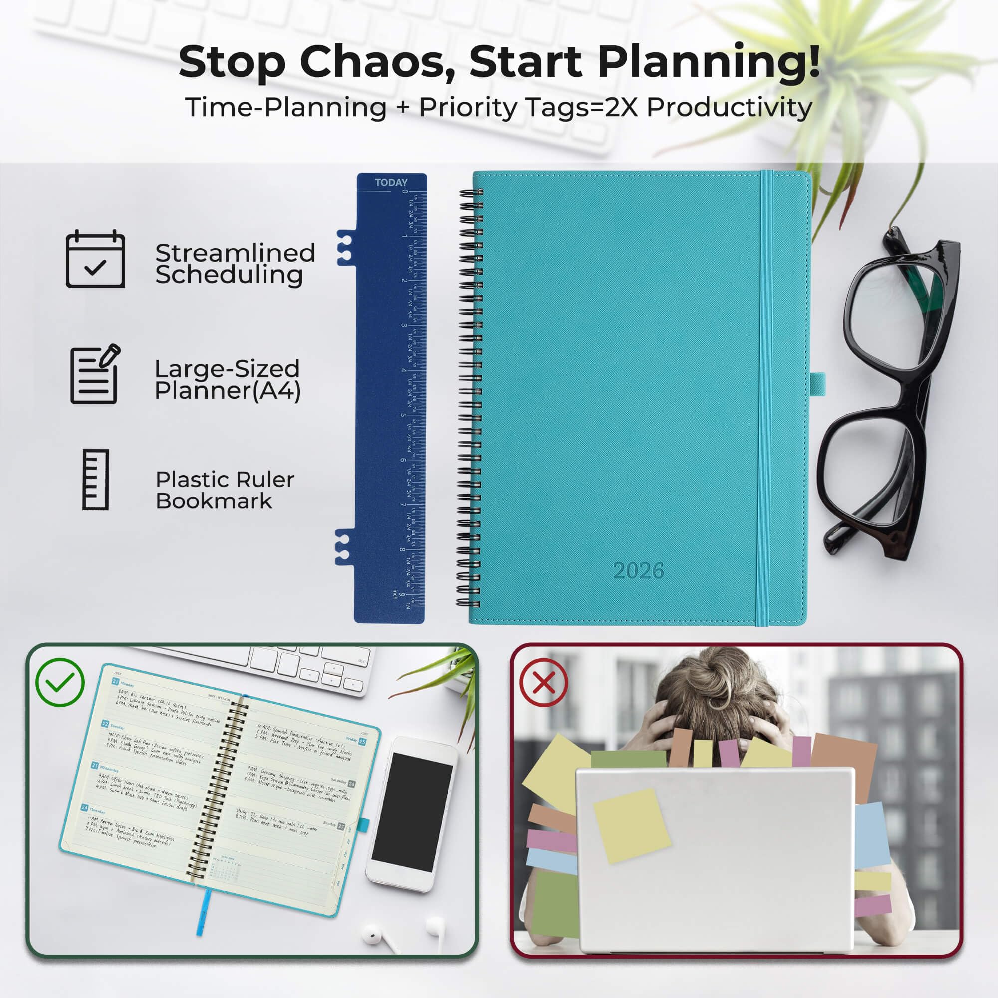 Agenda semanal 2026 con espiral de cuero y tapa suave, grande, color azul claro