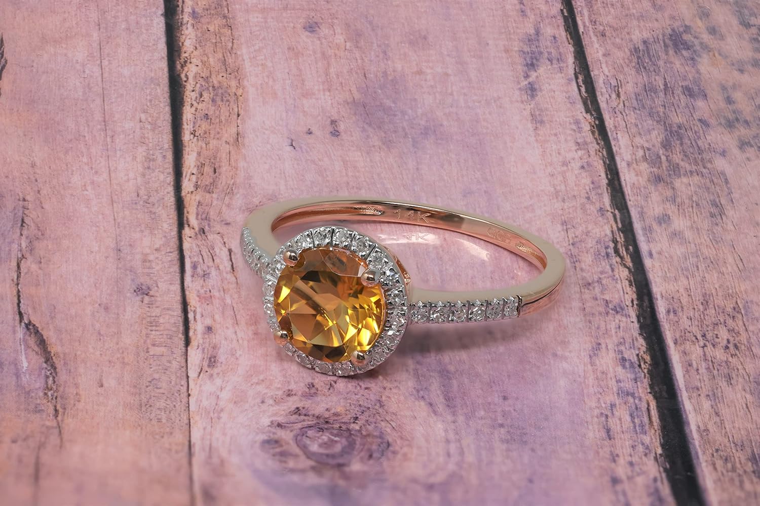 14K Rose Gold Genuine Citrine 7mm Round, Diamond Halo Ring. Size 7 - Image 3