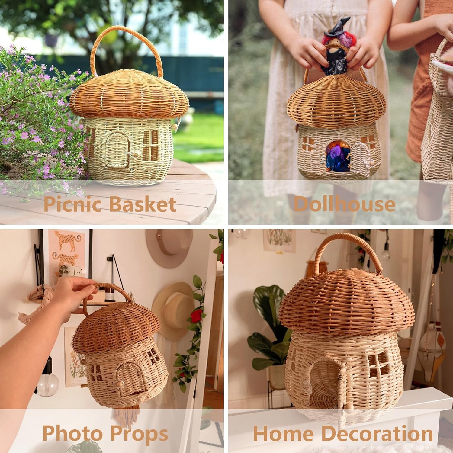 Mushroom Shaped Basket for Gift, Portable Picnic Basket Food Storage Basket for Going Out, Decorative Woven Basket with Lid, Woven Handles Baskets for Shelf Organizer, Cute Desktop Storage Ornaments