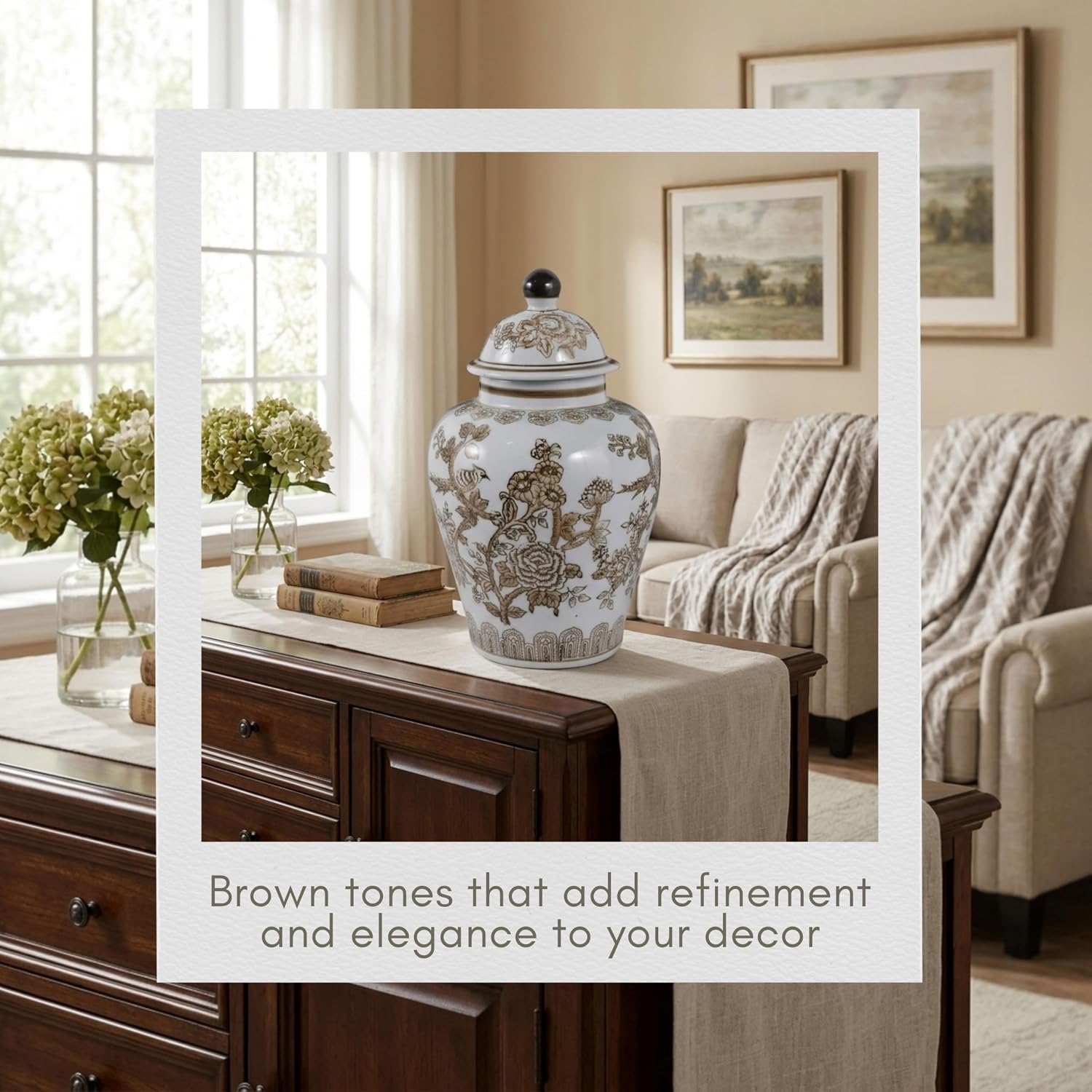 Decorative Chinoiserie Temple Jar for Living Room Decor - Versatile Ceramic Flower Vase with Lid for Home, Room, and Office - Elegant Jar for Bedroom, Office, or House Decor - 13", Brown & White