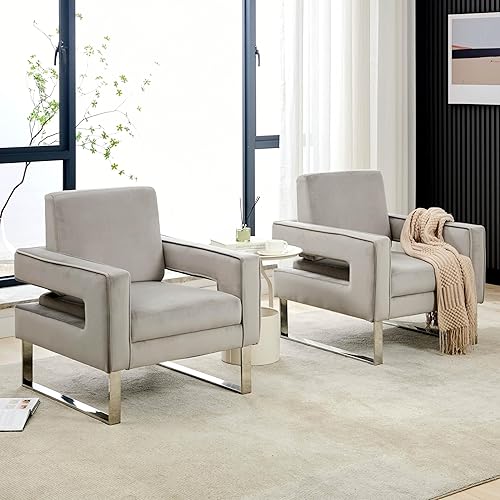 Juego de 2 sillas decorativas de terciopelo, modernas sillas decorativas grises para sala de estar, silla tapizada para sala de estar para oficina