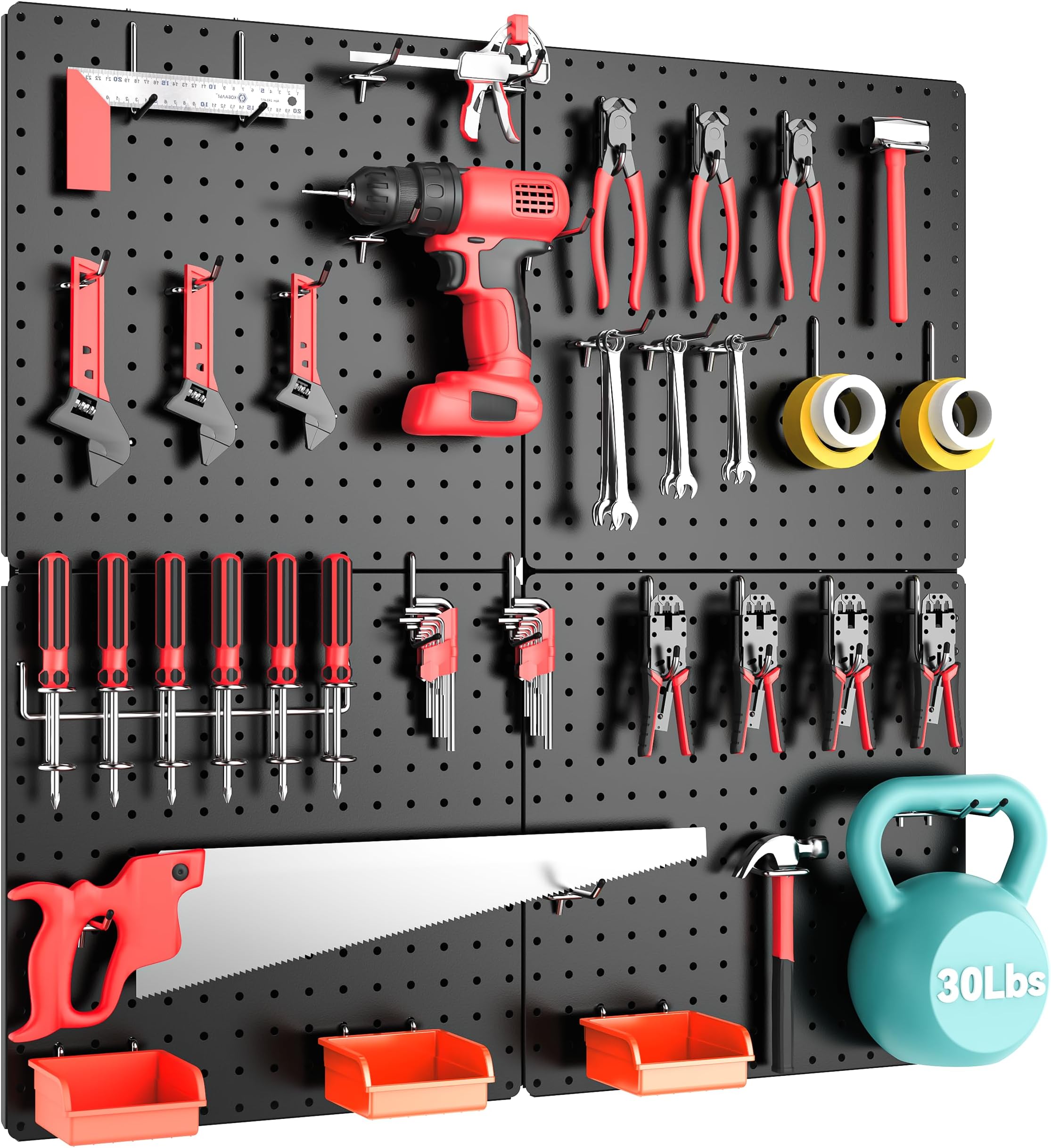 - Peg Board,Total 32โ x 32โ, 68PCS Heavy Duty Metal Pegboard with Hooks, 4 Pack Black Peg Board Panels, 50lbs Load Capacity Each, Pegboard Wall Organizer for Garage, Workshop, Craft Rooms