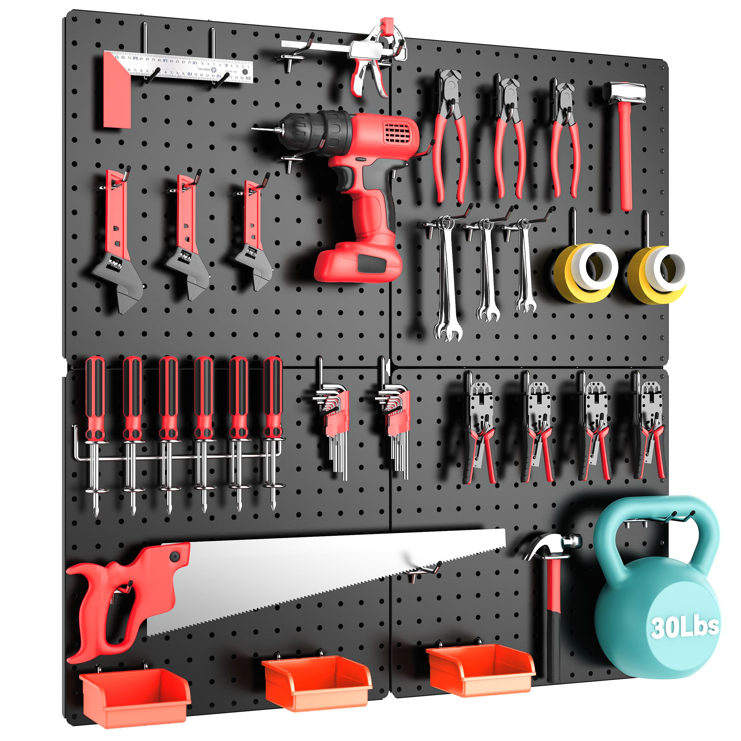 Peg Board,Total 32” x 32”, 68PCS Heavy Duty Metal Pegboard with Hooks, 4 Pack Black Peg Board Panels, 50lbs Load Capacity Each, Pegboard Wall Organizer for Garage, Workshop, Craft Rooms