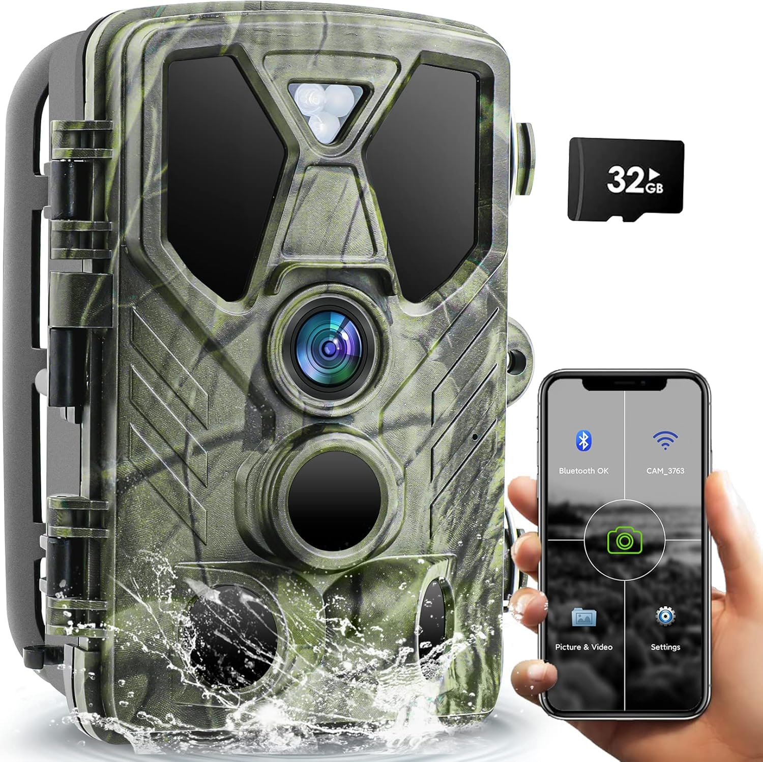 Caméra de Chasse WiFi Bluetooth App, 36MP 4K Camera Chasse avec Vision Nocturne Infrarouge, Vitesse de Déclenchement 0.2s, IP66 Étanche Piege Photographique, Carte Mémoire 32GB (WiFi812Pro)