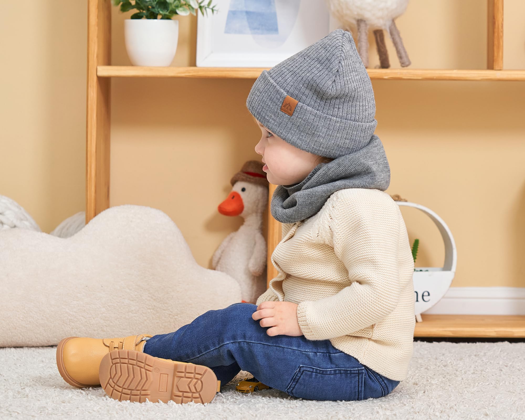 Dziecięca czapka zimowa typu beanie dla chłopców, z dzianiny, ciepła czapka i szalik dla dzieci, ciemnoszary, M