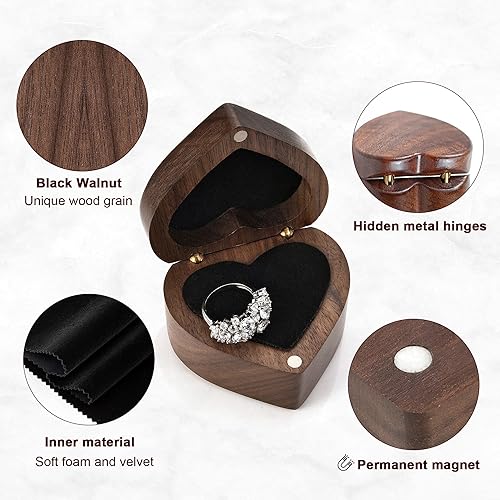 Miniatura 4 de Yoption Caja de anillos de madera, hecha a mano de madera de nogal con forma de corazón, caja de anillos para ceremonia de boda, aniversario,