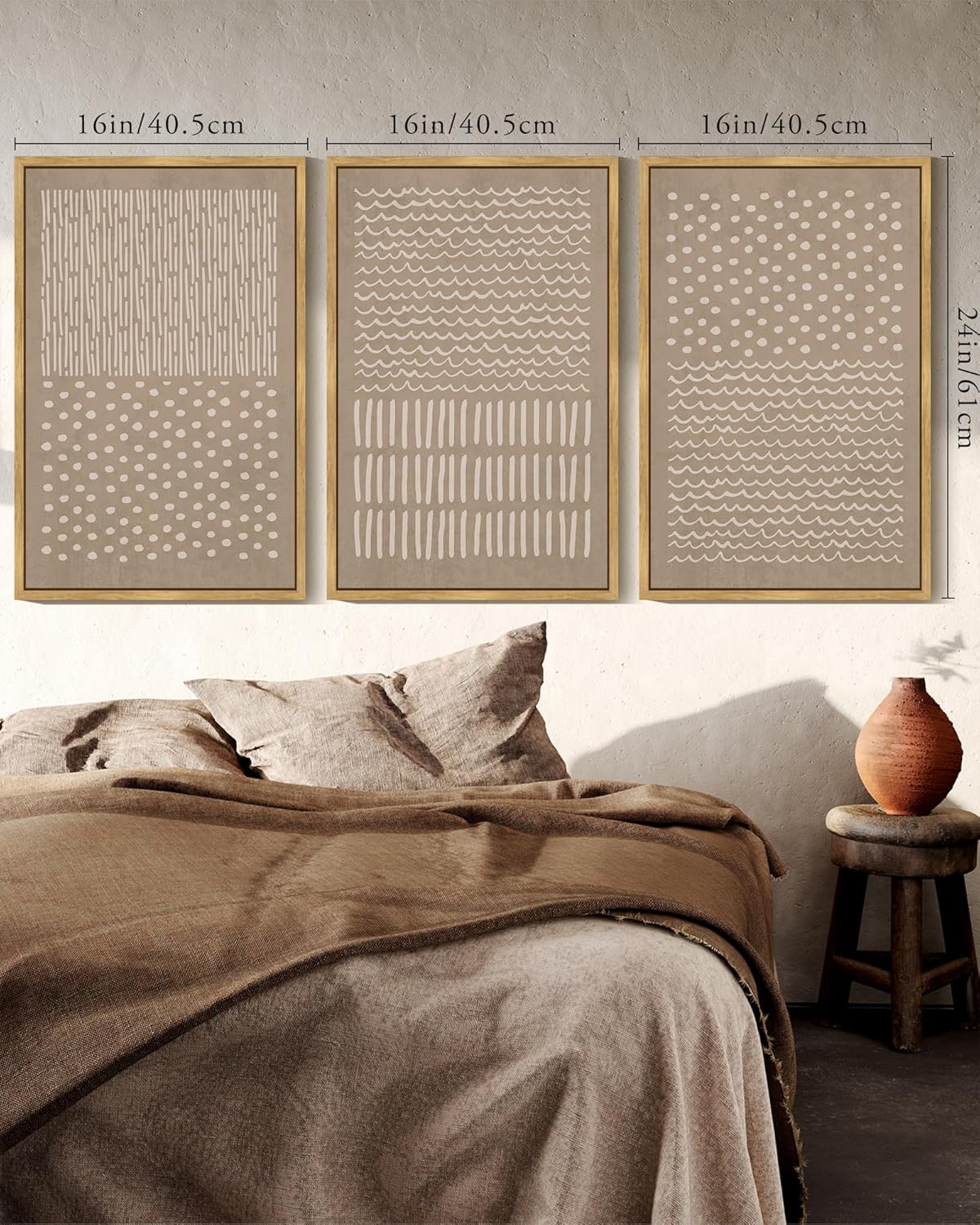 kuvioke boho mid-century modern wall art framed neutral retro minimalist geometric prints rustic bohemain artwork kitchen dining room 16x24in (natural framed) duotone framed 24l" x 16w" x 3 panels natural
