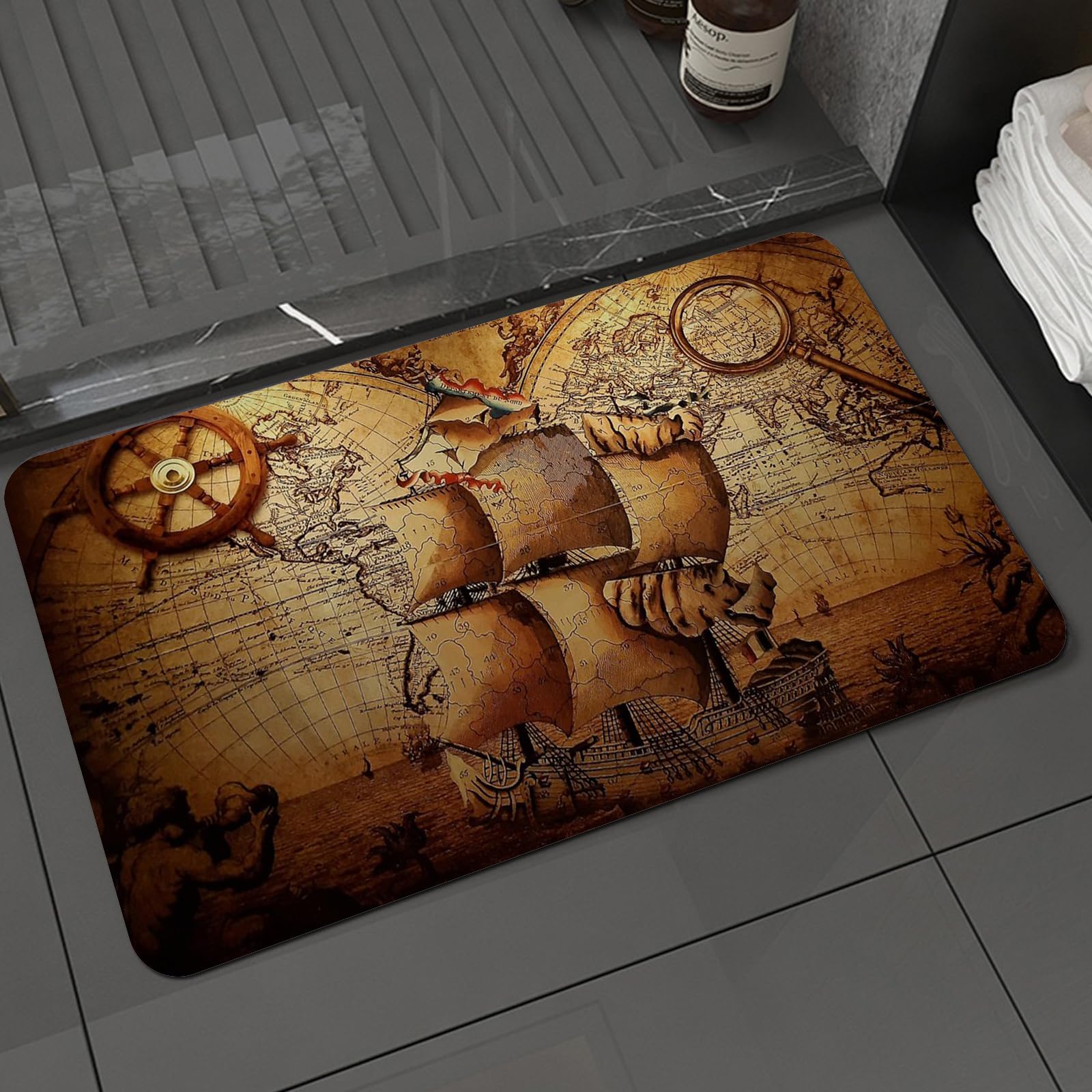 DALEXHM Microfibre Bath Mat, Door Mat, Pet Mat,Bathroom Rug Machine Washable,Non-slip,Super absorbent,Extra Soft,Retro, ancient map routes, sailing boats in old maps, old l objects,24x39in