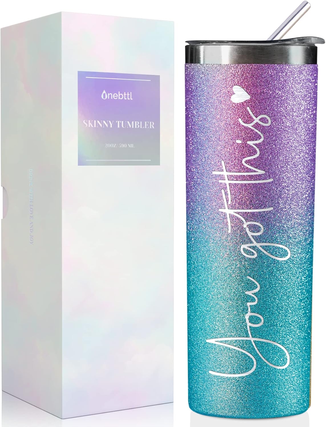 Onebttl Inspirational Gifts for Women, You Got This, Motivational Encouragement Job Promotion Congratulations Gifts for Women, Friends, New Mom, Coworkers, 20Oz Skinny Tumbler， Glitter Blue & Purple