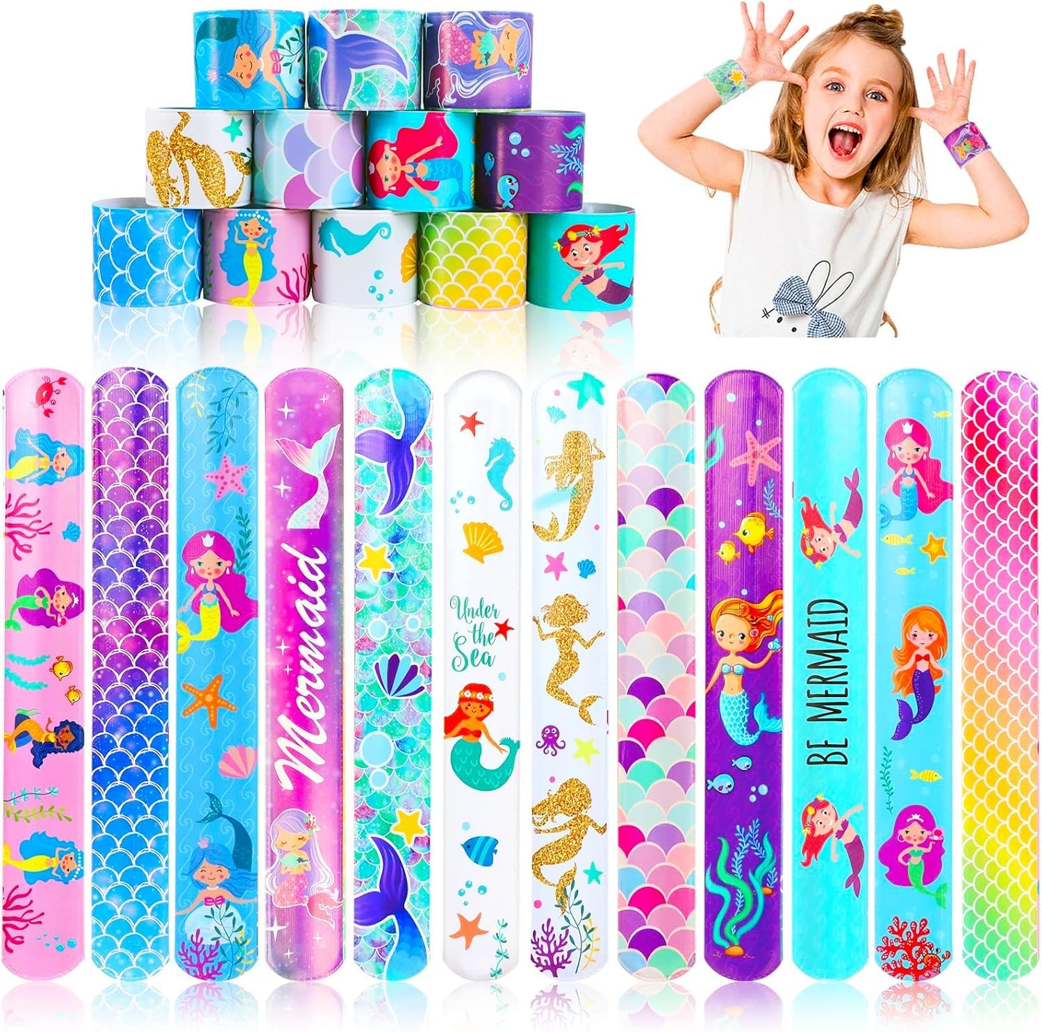 Amyang 48Pcs Mermaid Slap Bracelet,Slap Bracelets For Kids Party Favors | Snap Bracelets Pack Bulk Toys for Kids Prizes | Wrist Bands Toddler Party Favors Bulk One Size Fits All
