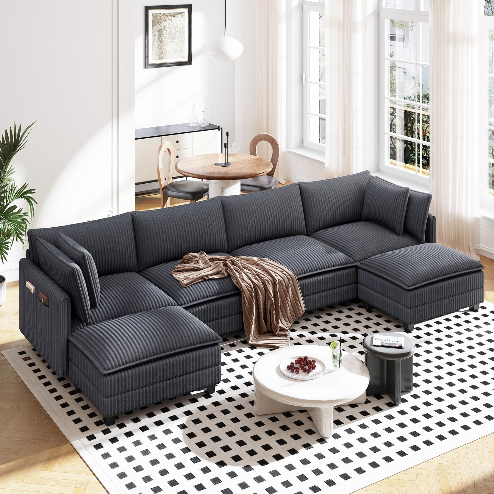 Vesgantti 143" U Shaped Modular Sectional Couch, Comfy Corduroy Upholstered Cloud Sofas for Living Room, Modern 4 Seater Sofa with 2 Movable Ottoman &amp; Throw Pillows, Charcoal Grey