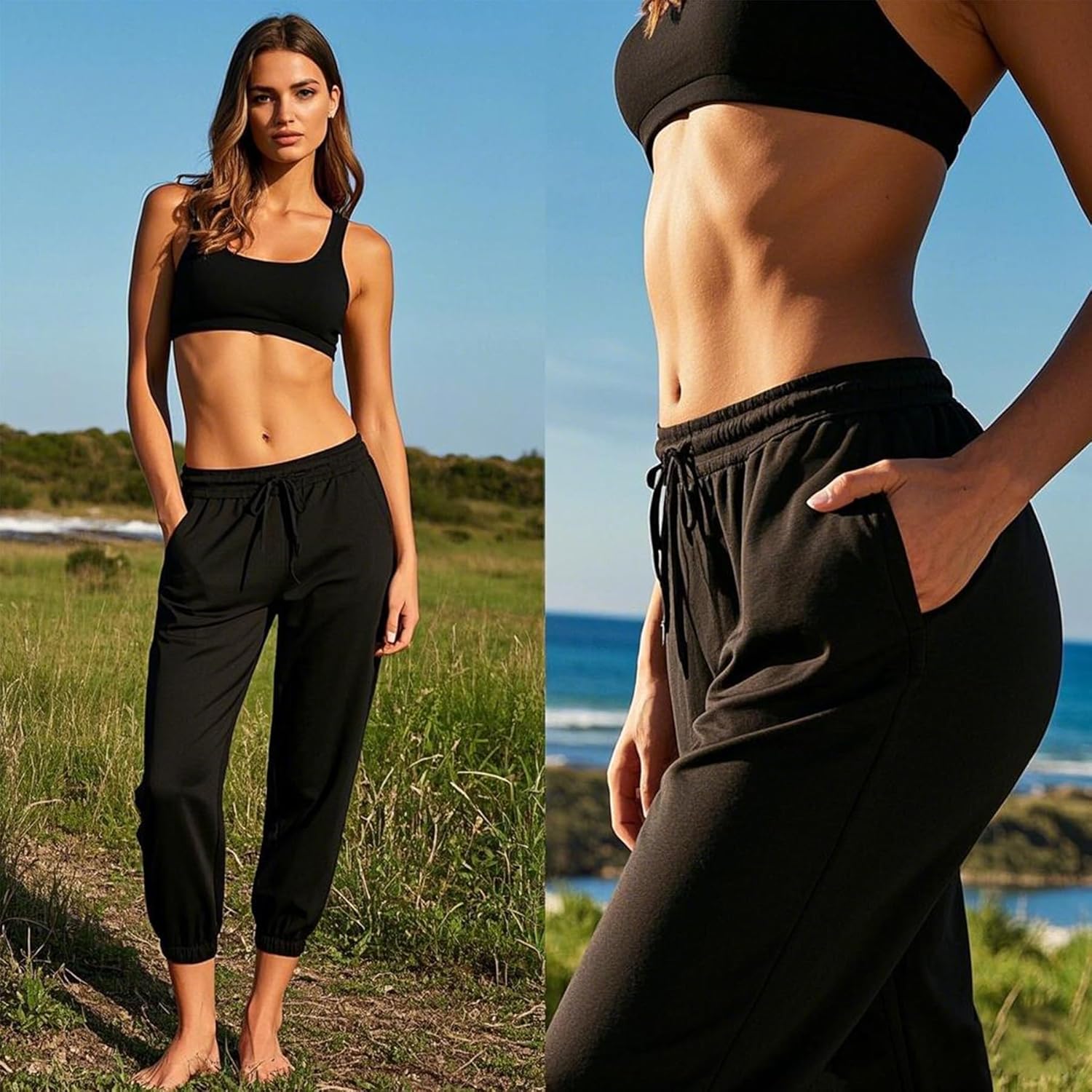 Women's 3 Pack Capri Sweatpants with Pockets - High-Waist Yoga Joggers Athletic Running Leggings for Workout, Gym, Lounge - Image 2