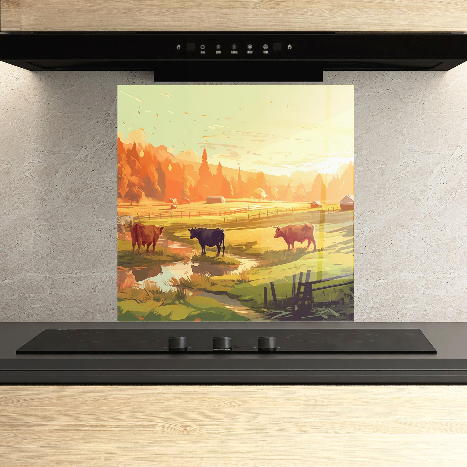 ARTHUB® Crédence de Cuisine en Verre 60x60 cm, Farm Sunlight | Protection Contre Les éclaboussures, Revêtement Mural en Carreaux, Plaque en Verre, Verre trempé, Paysages, Campagne