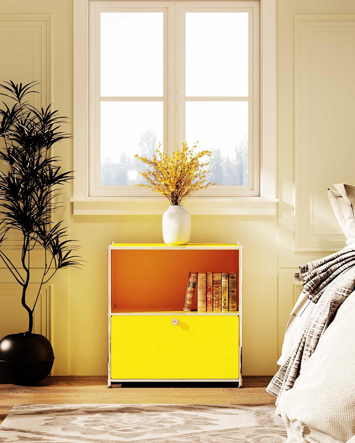 32.5-Inch Flip-Top Side Table & Buffet Cabinet with Detachable Wheels, Ample Storage, DIY Corner Bookshelf, Wall Shelf, Cube Organizer, Bedside Table – Modern Home Decor (Matt Yellow)