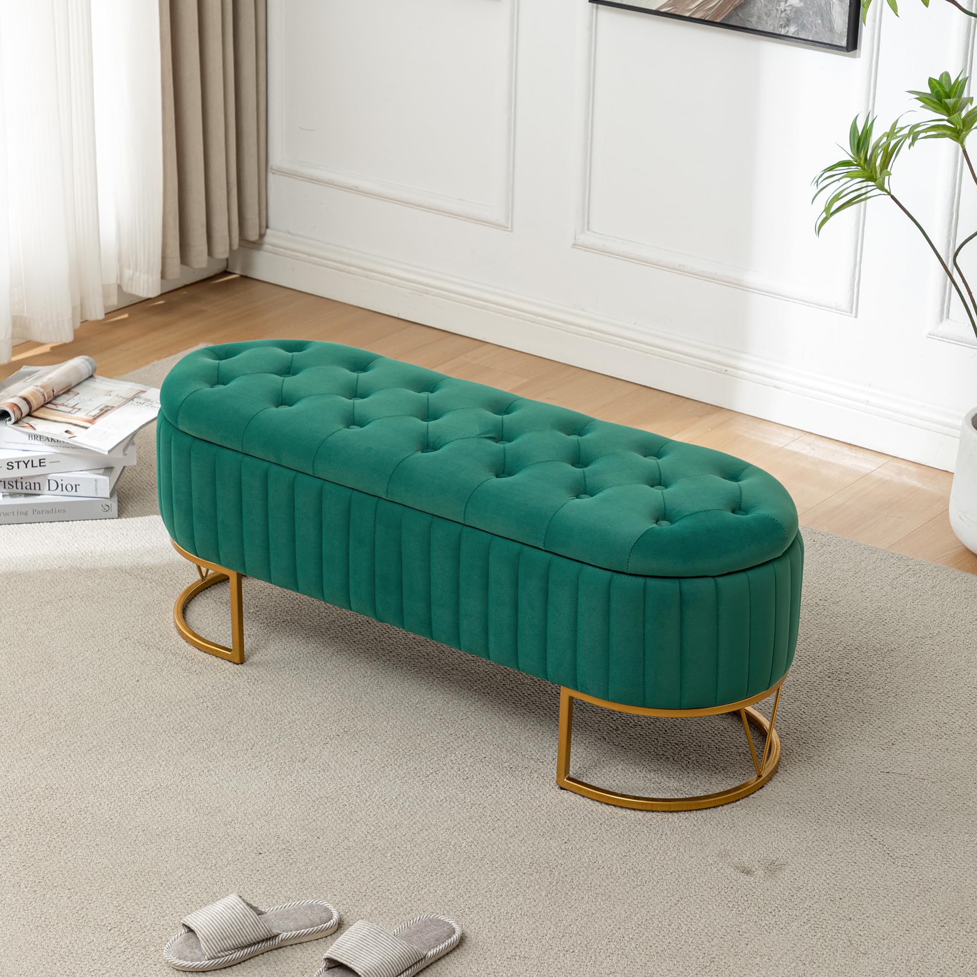Storage Bench Bedroom Bench, Velvet Oval Upholstered End of Bed Bench with Golden Metal Legs, 46" Modern Tufted Storage Ottoman Bench for Bedroom, Living Room, Entryway, Window, Green
