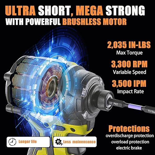 Miniatura 3 de YOIbuy - Destornillador de impacto inalámbrico de 1/4 de pulgada, taladro de impacto compacto y ligero, compatible con baterías Dewalt de 20 V,