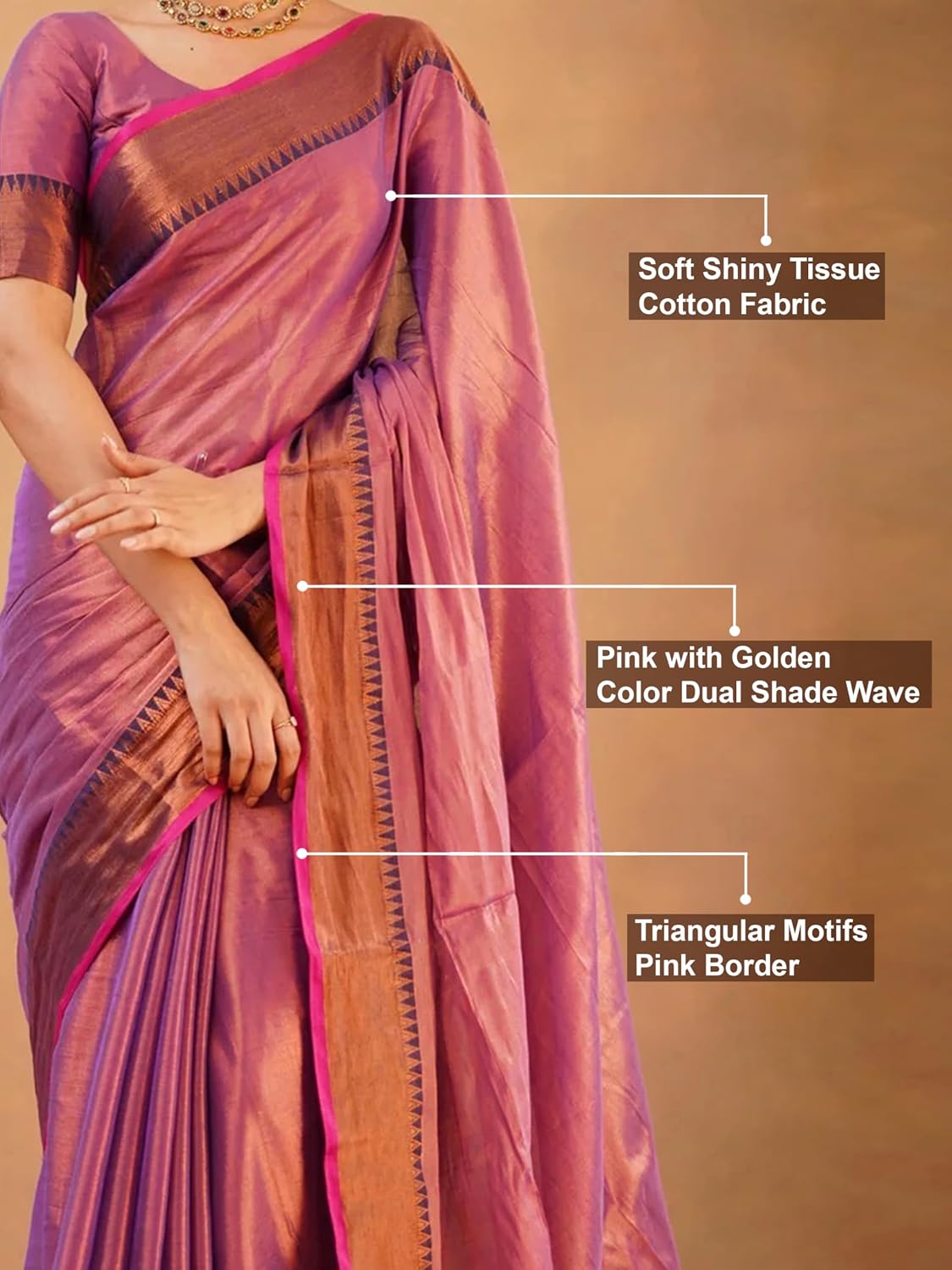 TRENDMALLS Women's Tissue Cotton Handloom Saree with Unstitched Blouse Piece (K1142-Pink-)