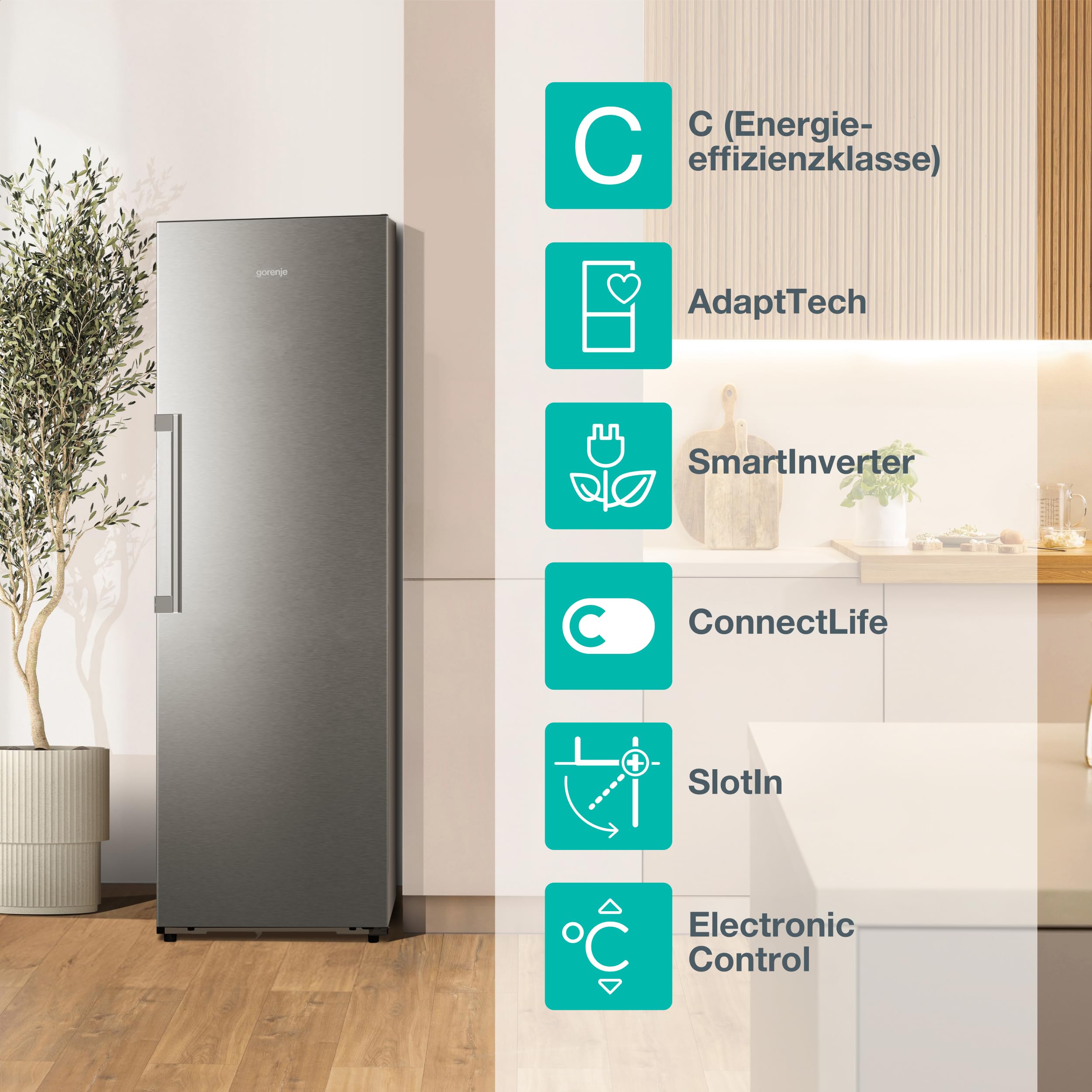 Gorenje RN618C6X6WF Kühlschrank, 372 Liter, SmartFit, 185cm Höhe, CrispZone mit Feuchteregler, Wifi, Flaschenhalter, Easy-open Griff, Inverter, BxHxT: 59,5×185,6×60 cm, Edelstahl