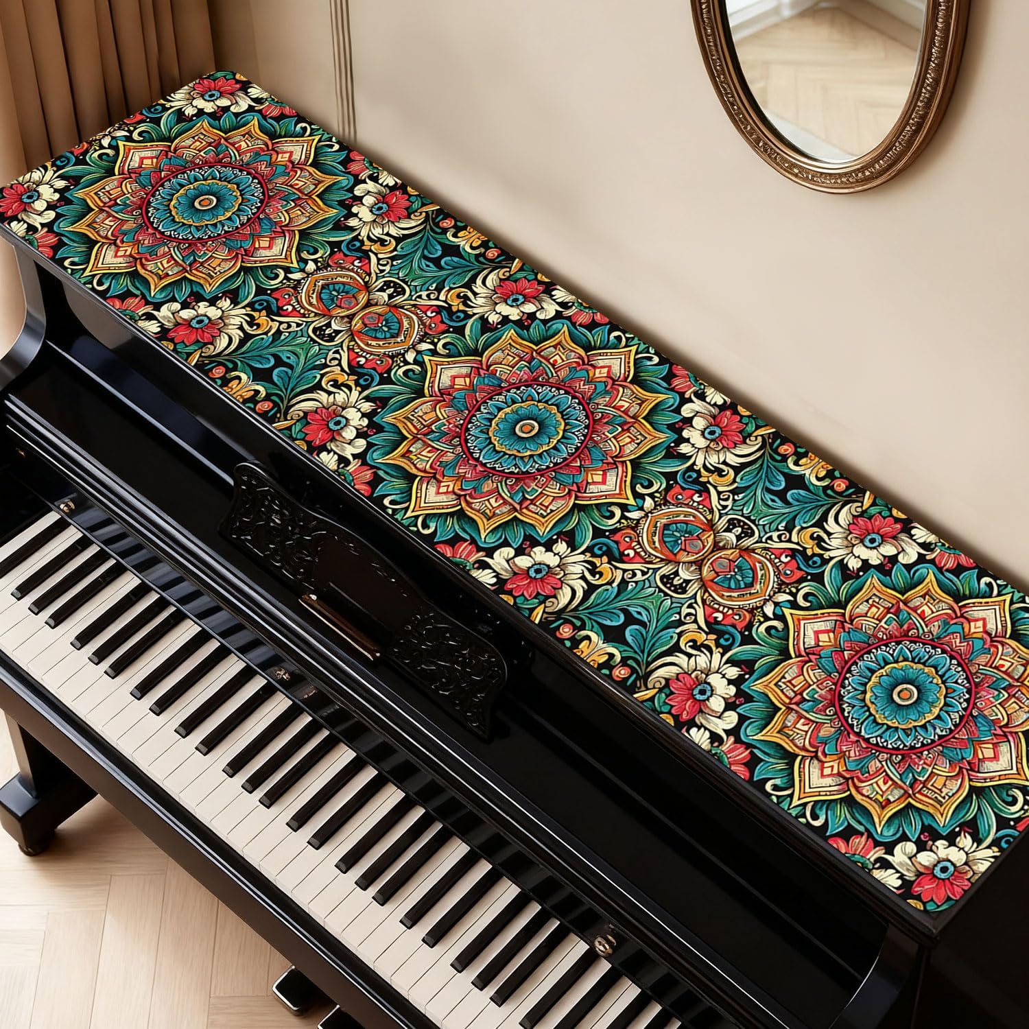 Piano Top Runner Mat, Non-Slip Rubber Bottom, Free Cut Top Protector Dust-Proof Covers for Piano Musical Instrument,Chiffonier,Chest of Drawers,TV Stand,Television Cabinet(Vintage Flora, 61" x 13.8")