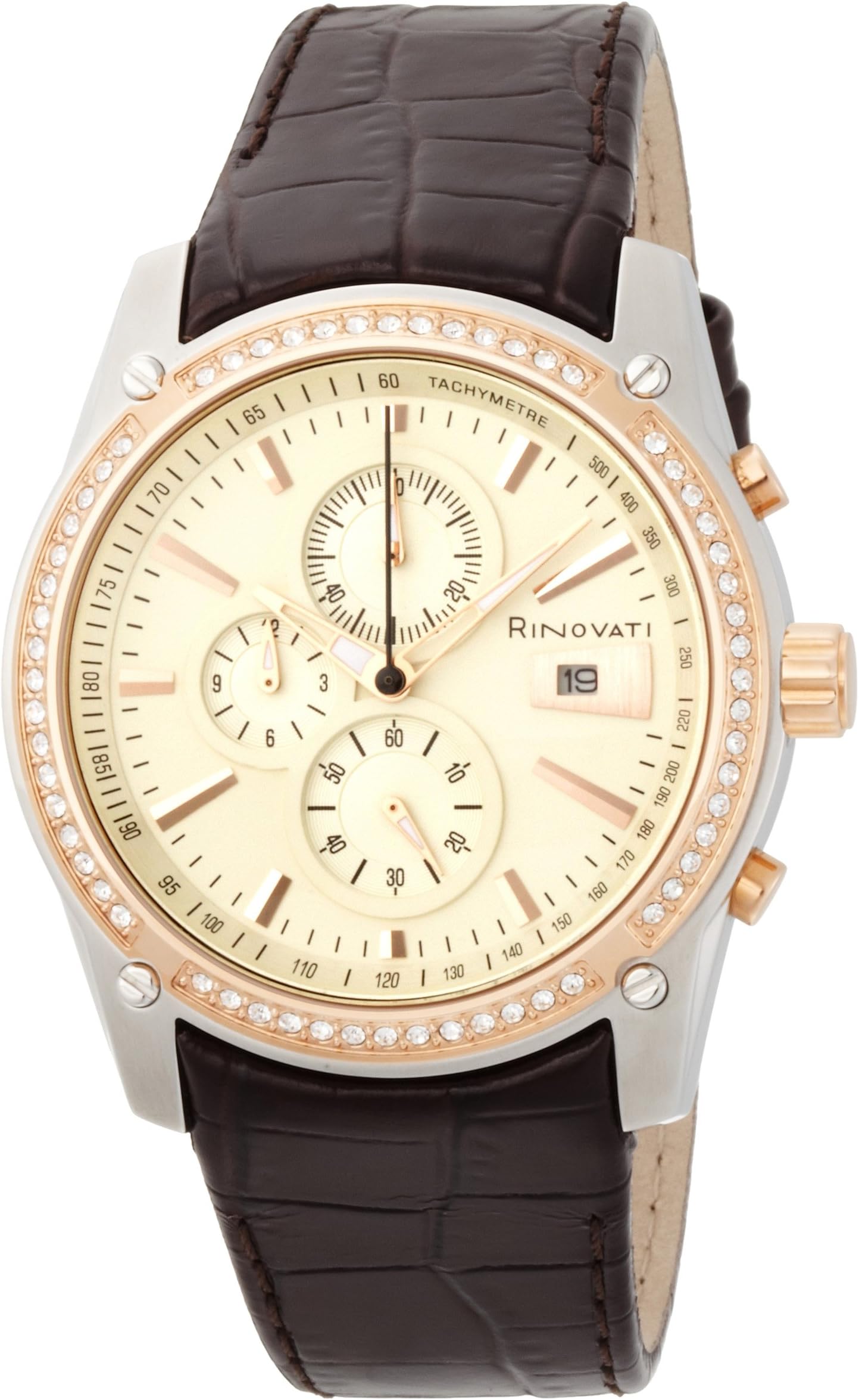 Rinovati Unisex RN0008 Stones 3 Eyes Chronograph Champagne Dial Brown Strap Watch