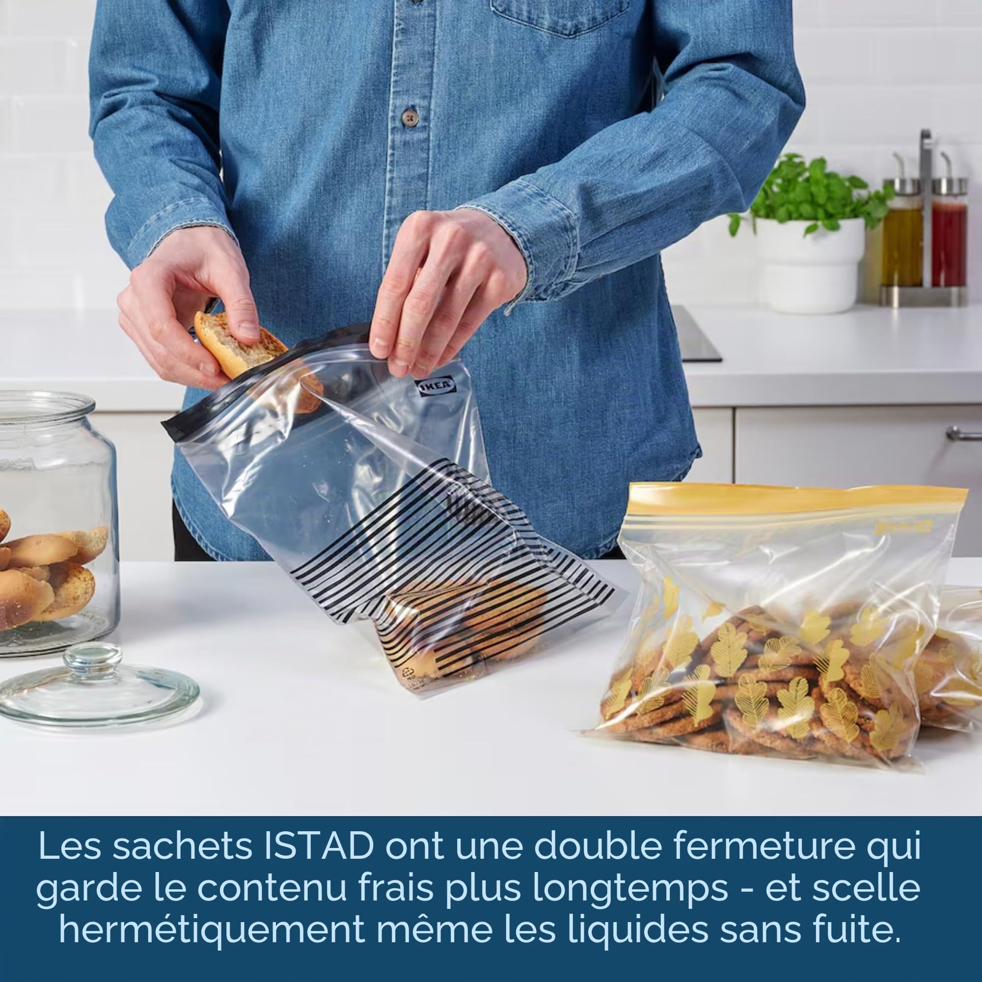 Ikea ISTAD Lot de 100 sacs alimentaires réutilisables de taille moyenne avec double joint, 1,2 et 2,5 litres, rayures noires, feuilles jaunes