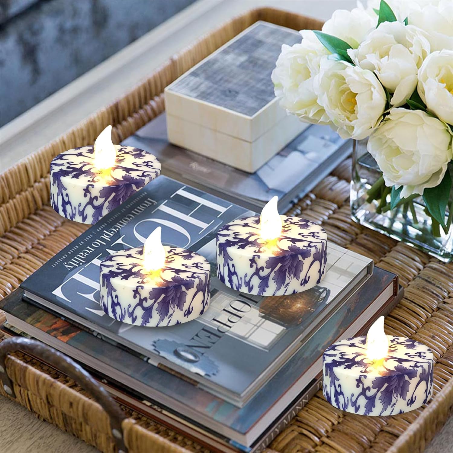 Floral Flameless Tealights with Remote - 12 Pack Blue and White LED Tealight Candles Battery Operated Tea Lights Safe Realistic Flickering for Home Decor Wedding Party,TLT12P-BW