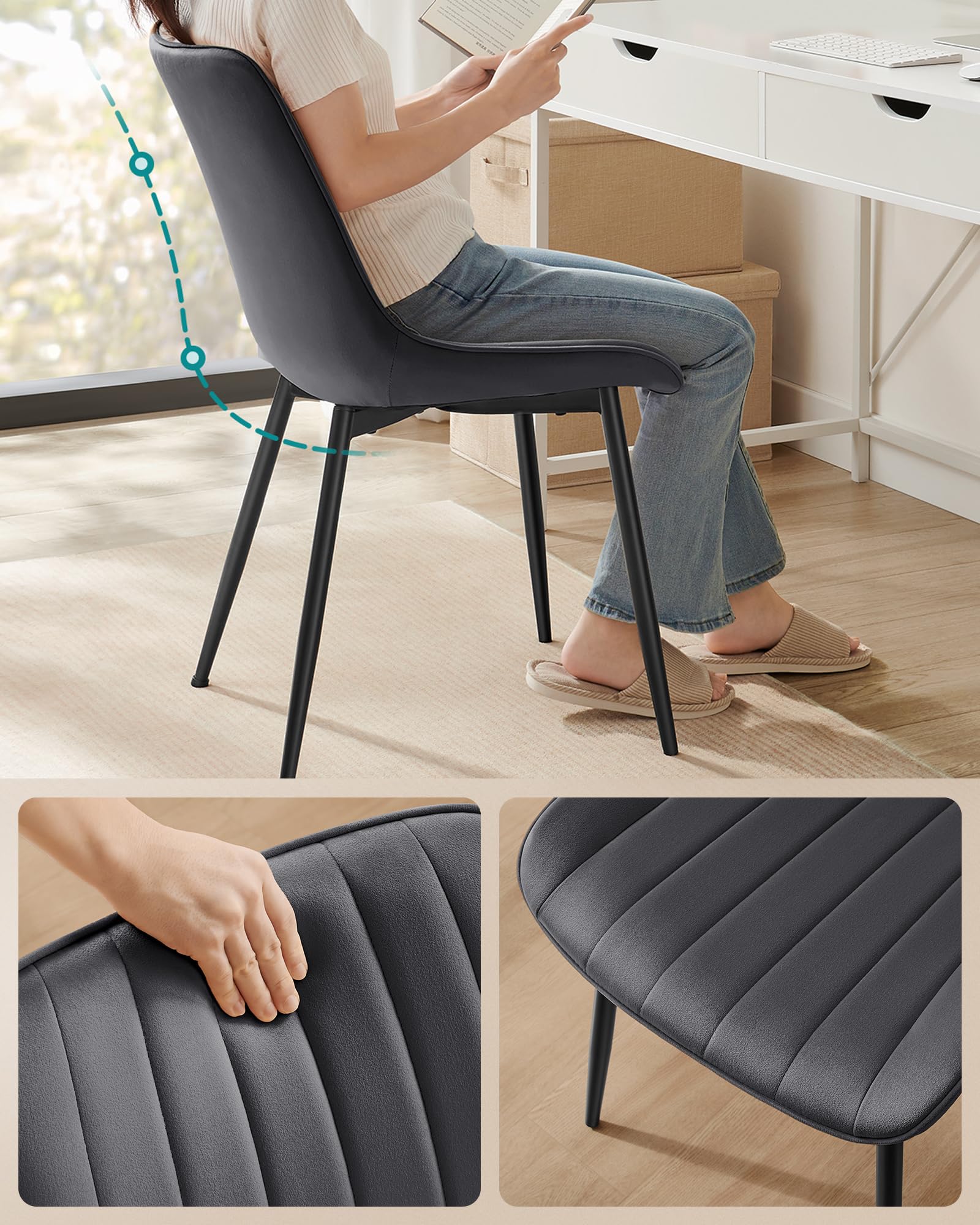 SONGMICS Esszimmerstuhl 2er Set, Küchenstuhl, Samt,Polsterstuhl, bis 120 kg belastbar, Stahlbeine, Gebogene Rückenlehne, für Esszimmer, Küche, grau-tintenschwarz LDC090G05
