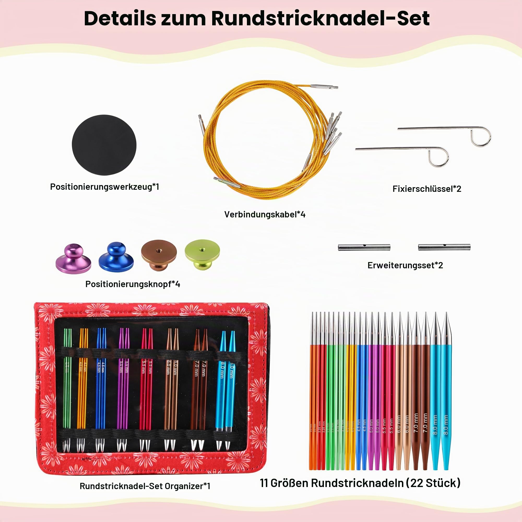 JOZEA 11 Paare Auswechselbares Rundstricknadelset mit Etui und Zubehör für arthritische Hände,3.00-8.00mm