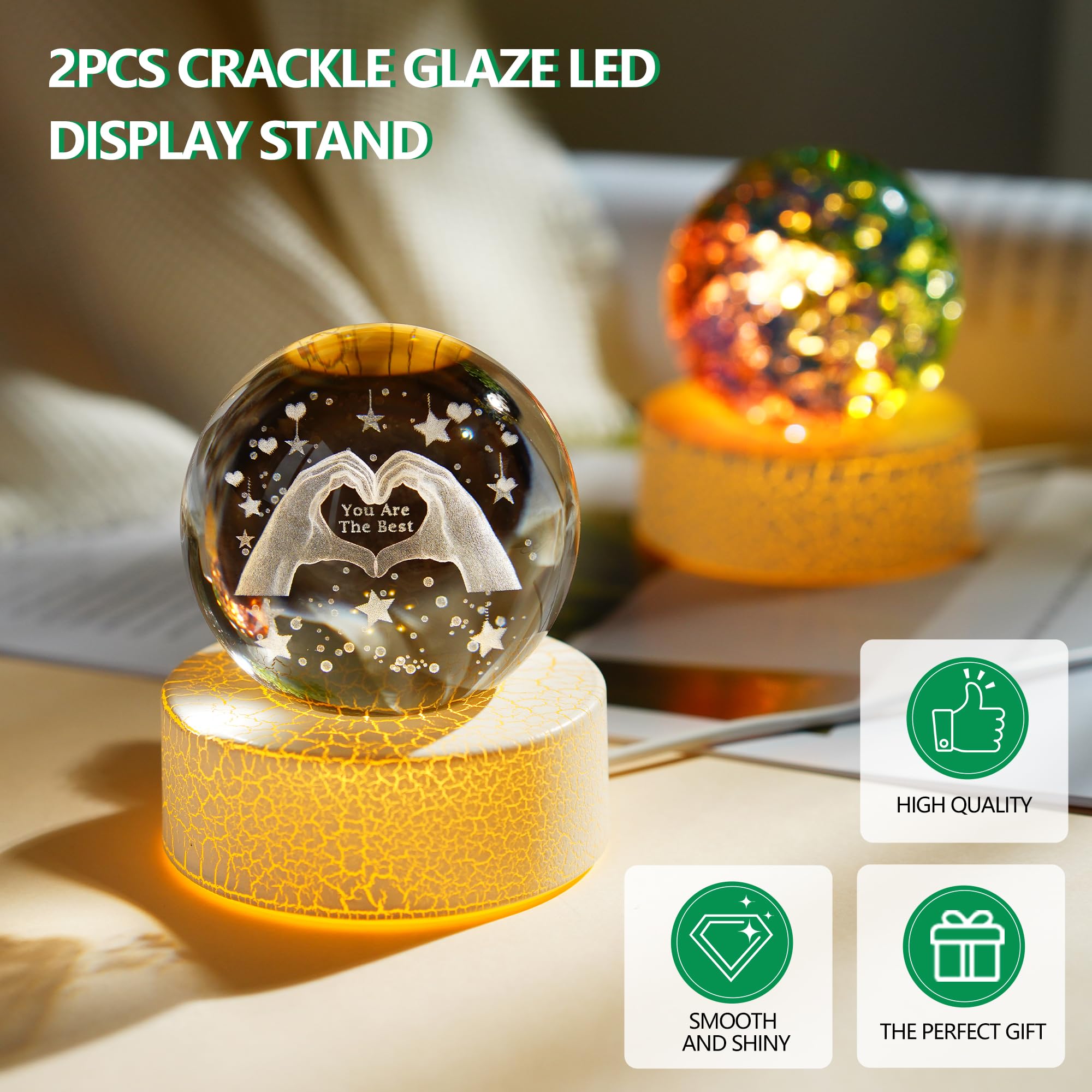 ZEERSHEE 2Pcs Crackle Glaze LED Display Stand for 3D Crystal Glass Resin Art Warm Light Lamp Base for Home Decor