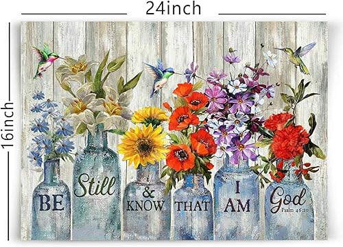 Miniatura 3 de Arte de pared con diseño de flores en jarrón, diseño rústico de granja, lienzo floral, decoración de pared con texto en inglés Be Still and Know