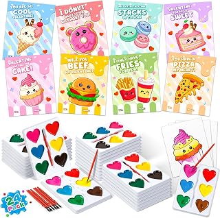 Valentines Day Gifts for Kids, 24 Packs Heart Watercolor Paint Sets with Dessert Food Painting Cards, Classroom School Exchange Prizes & Art Party Favors for Boys Girls
