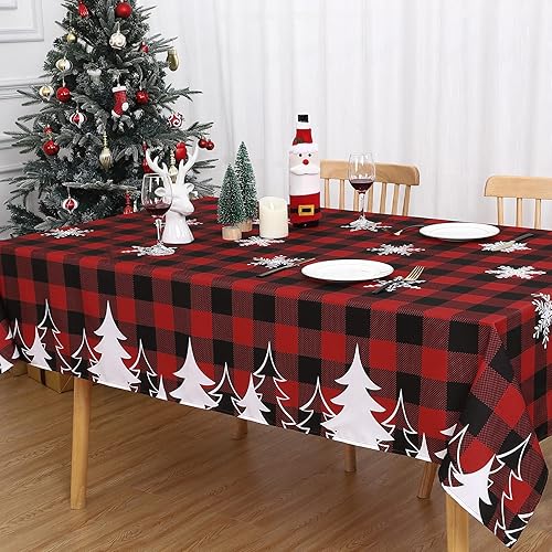 Miniatura 6 de Mantel de árbol de Navidad a cuadros rojos con copos de nieve, impermeable y reutilizable, para decoración de cocina, comedor, boda, 60 x 102