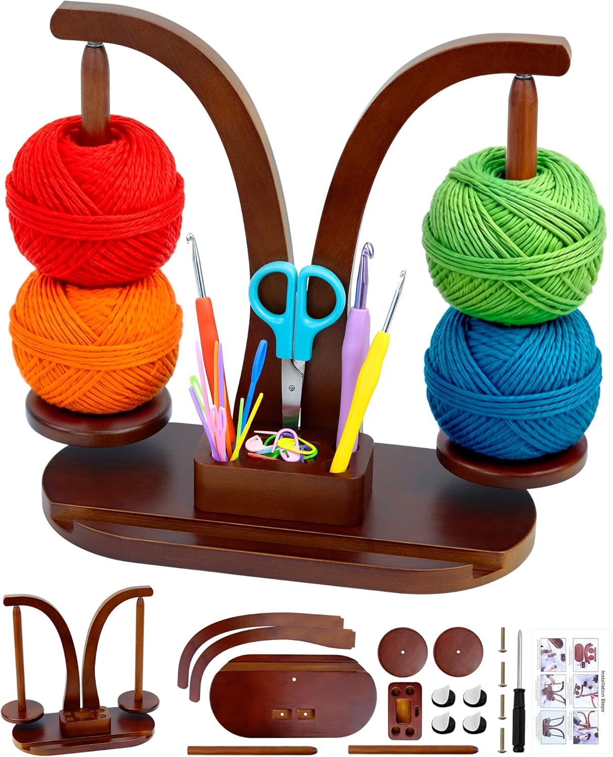 FIVEIZERO Double Magnetic Yarn Holder for Crocheting and Knitting, 360° Rotating Wooden Yarn Spinner with Phone Stand & Magnetic Storage Box, Ideal Gift for Knitting Lovers (Walnut Brown)