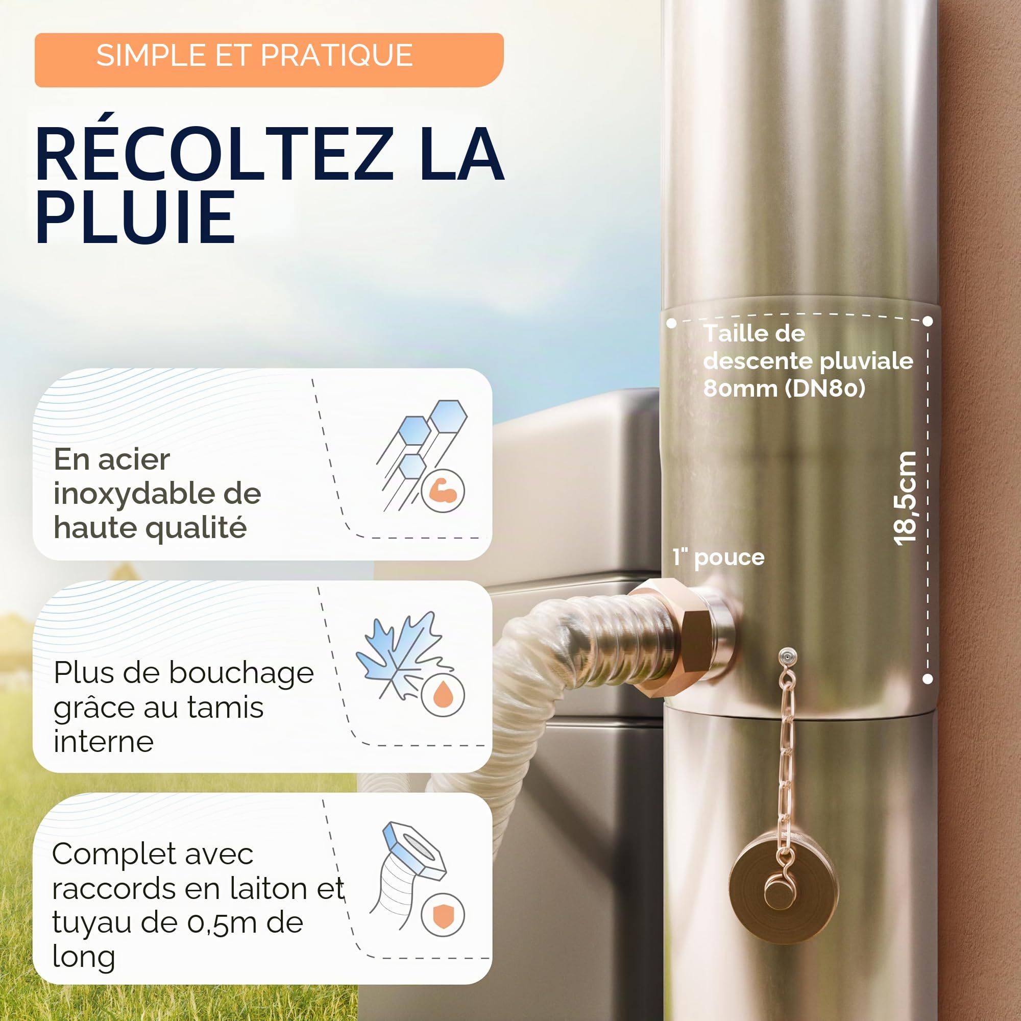 Collecteur d'eau de pluie avec tamis pour tuyaux de descente de 80 mm | Rendement augmenté | Acier inoxydable | Tuyau long de 0,5 m + raccord de tonneau | Collecteur de pluie pour tuyau de descente |